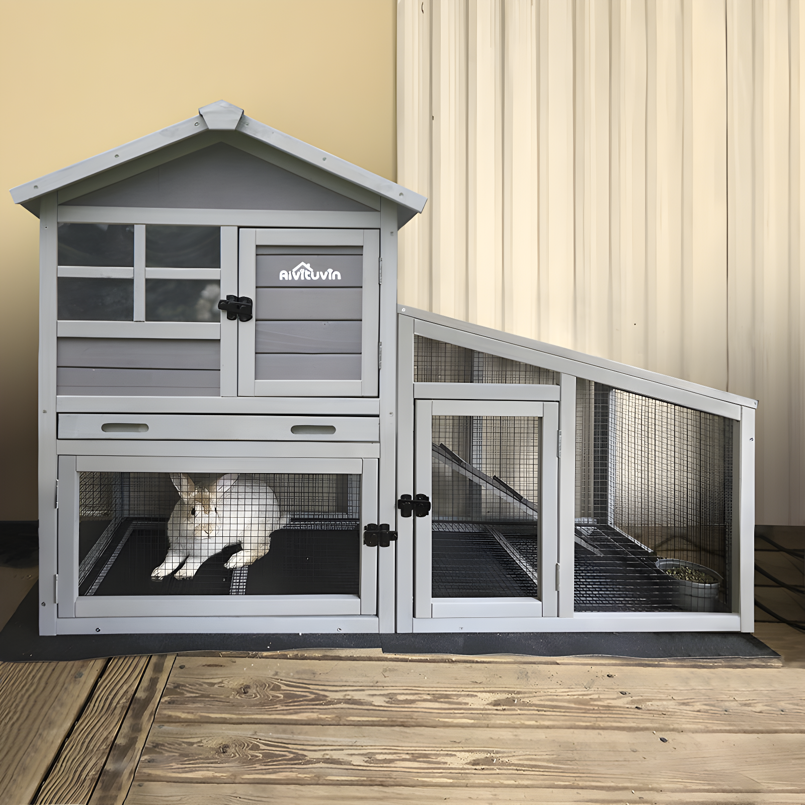 Gray Wooden Indoor and Outdoor Rabbit Hutch with Removable Tray