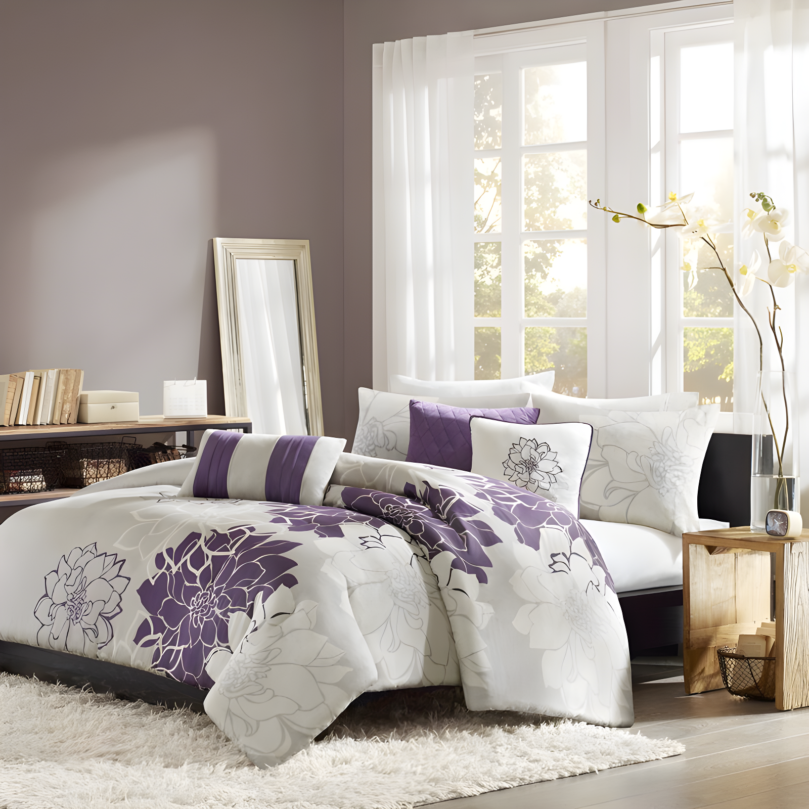 Purple and Grey Floral Cotton Full/Queen Duvet Cover Set