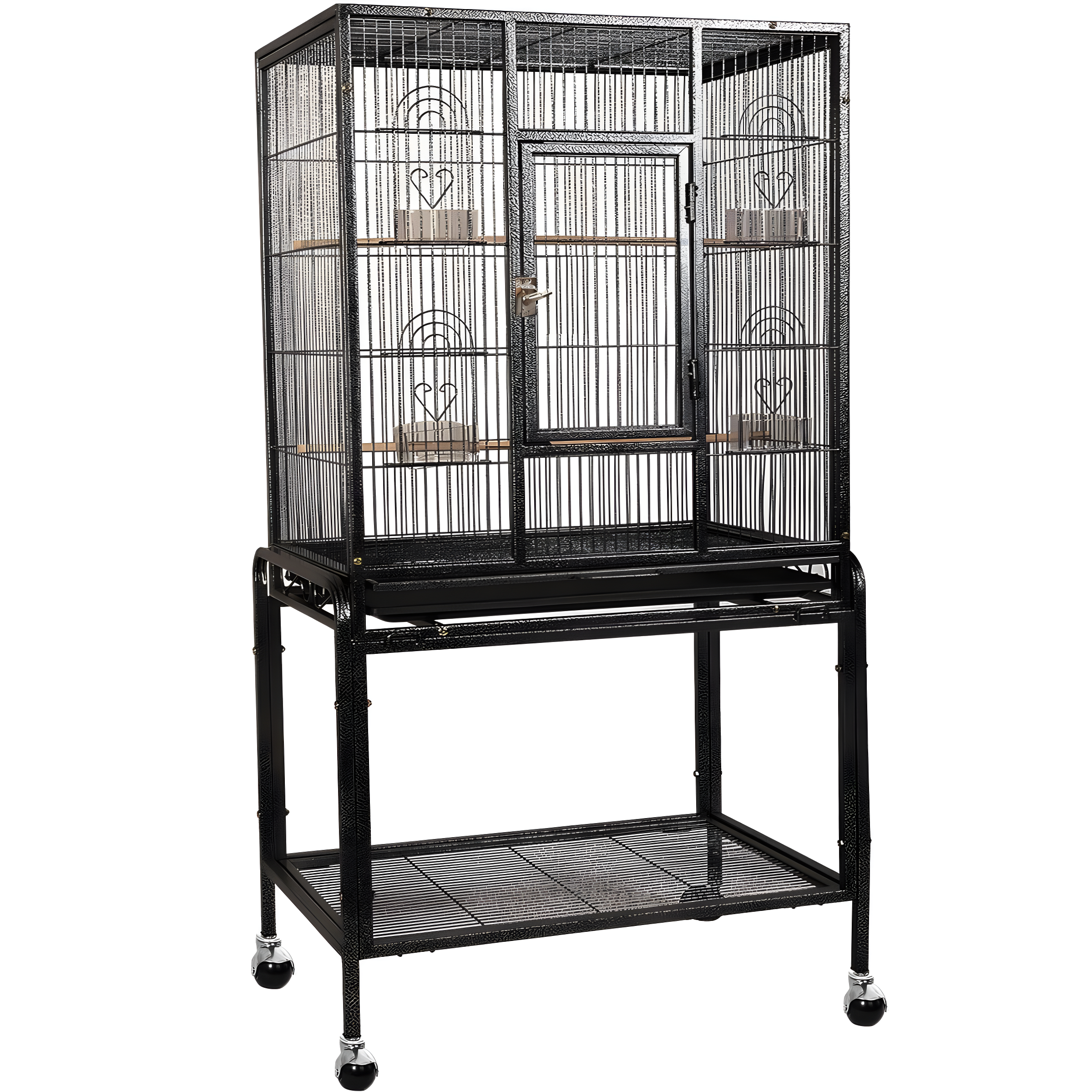 Large Black Iron Bird Cage with Wheels and Perches