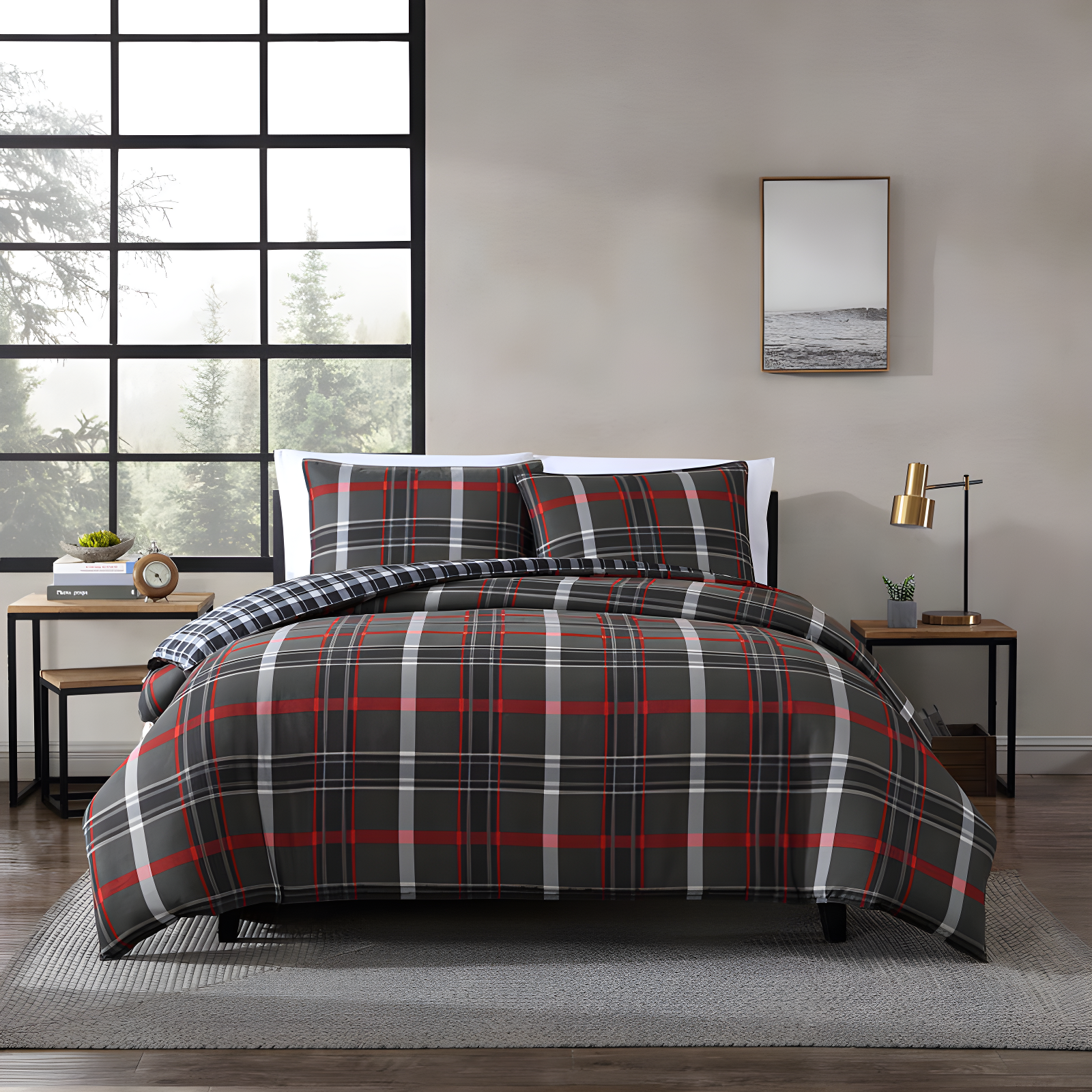 Willow Plaid Reversible Gray and Red Microfiber Queen Duvet Set