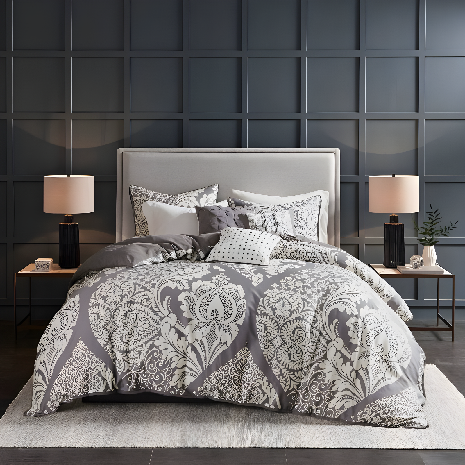 Gray Cotton Sateen Damask 6-Piece Duvet Cover Set