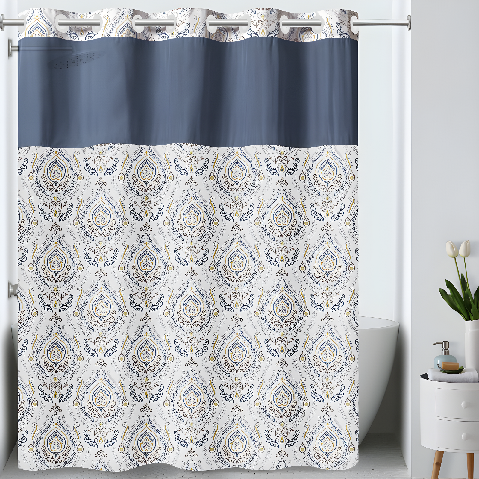 Royal Blue Damask Hookless Shower Curtain with Liner
