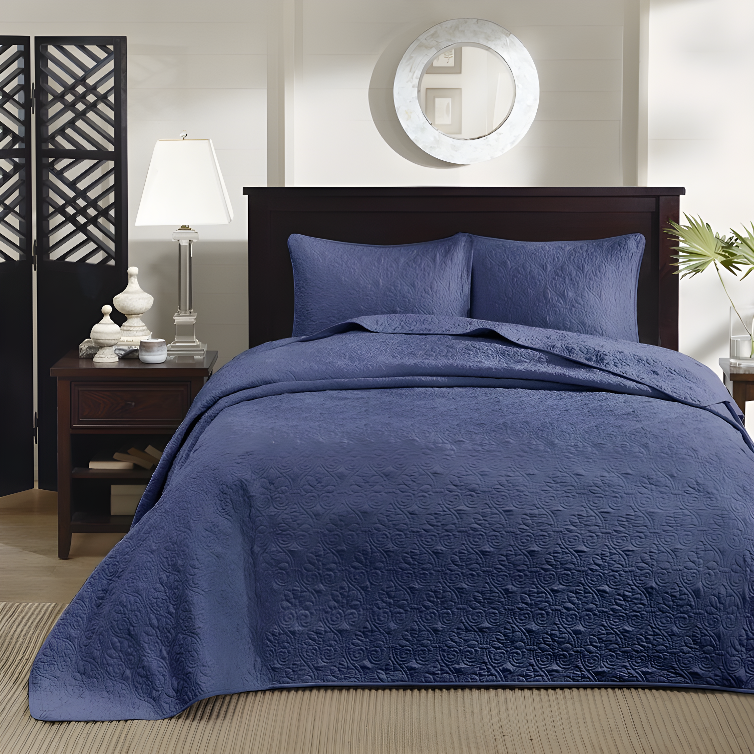 Navy Twin Reversible Microfiber Bedspread Set with Cotton Fill