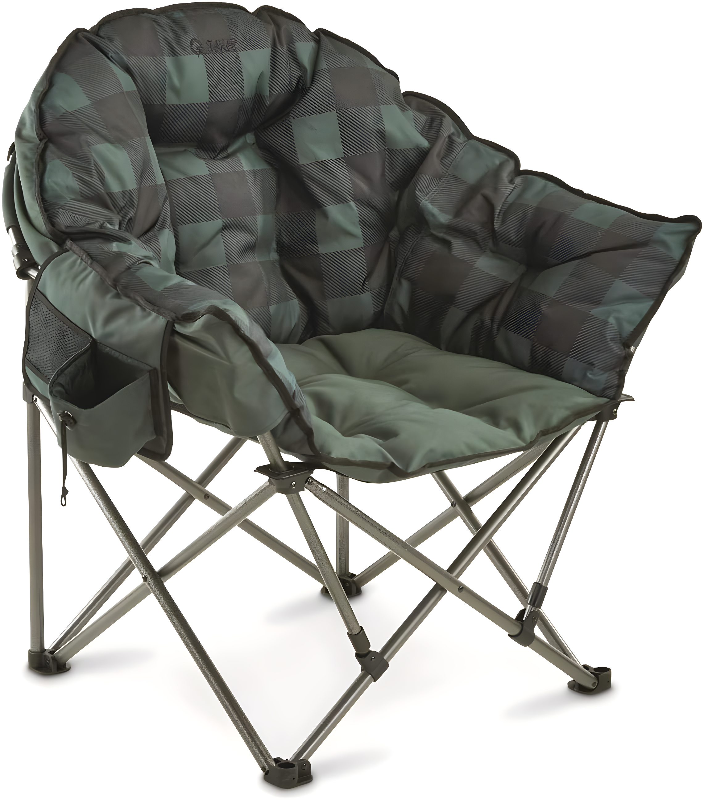 Oversized Green Plaid Steel Frame Camping Chair with Arms