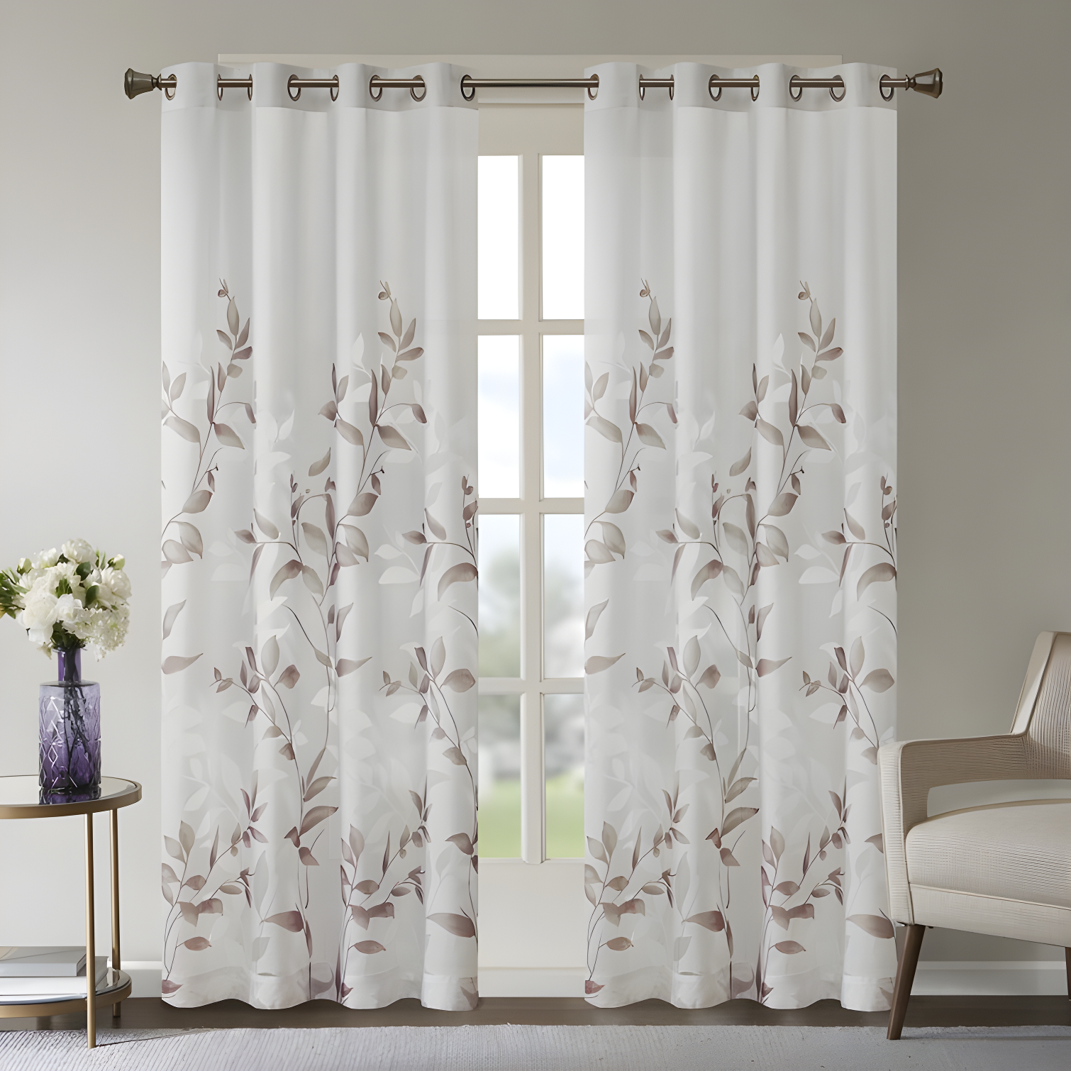 Mauve Botanical Burnout Sheer Grommet Curtain Panel