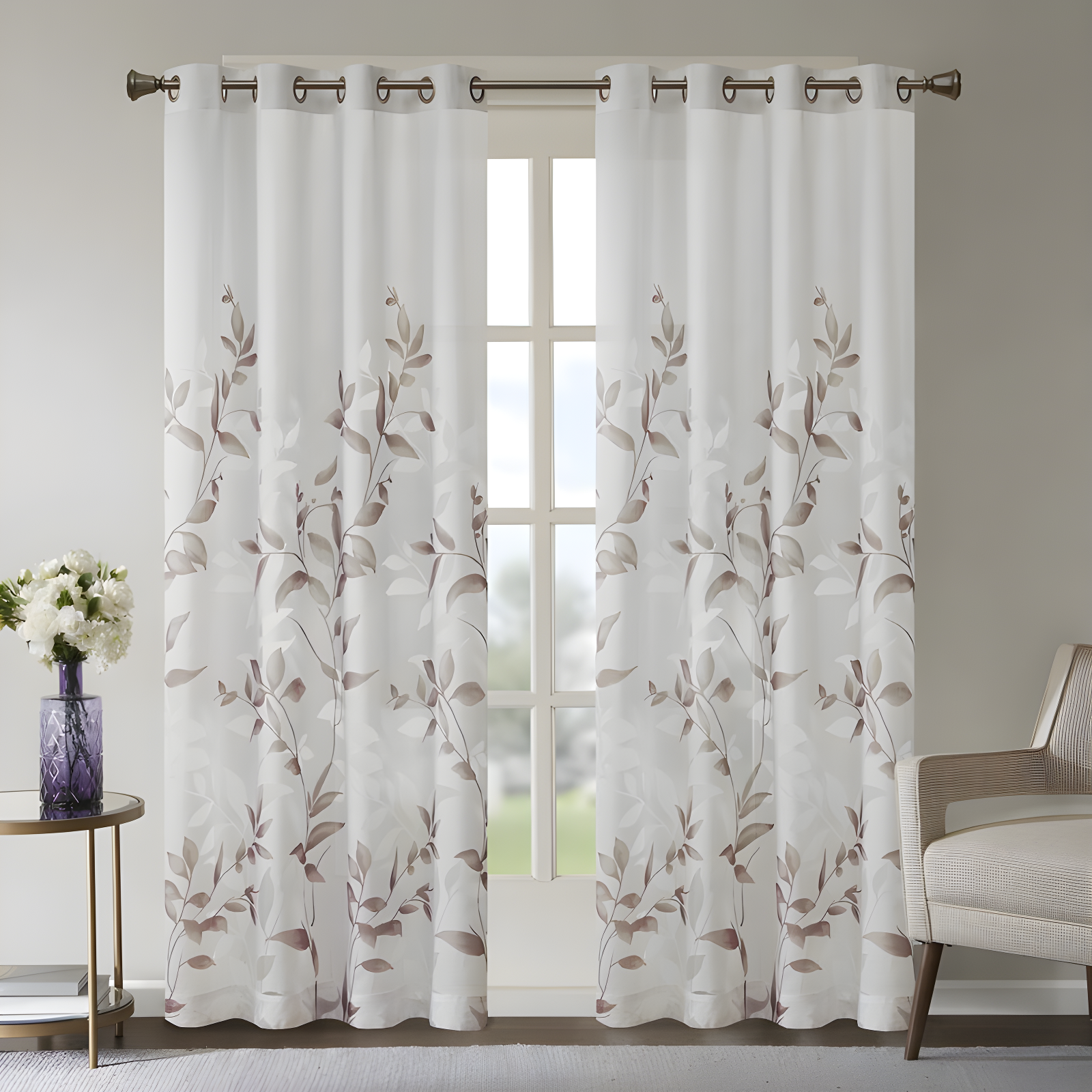 Mauve Botanical Burnout Sheer Grommet Curtain Panel