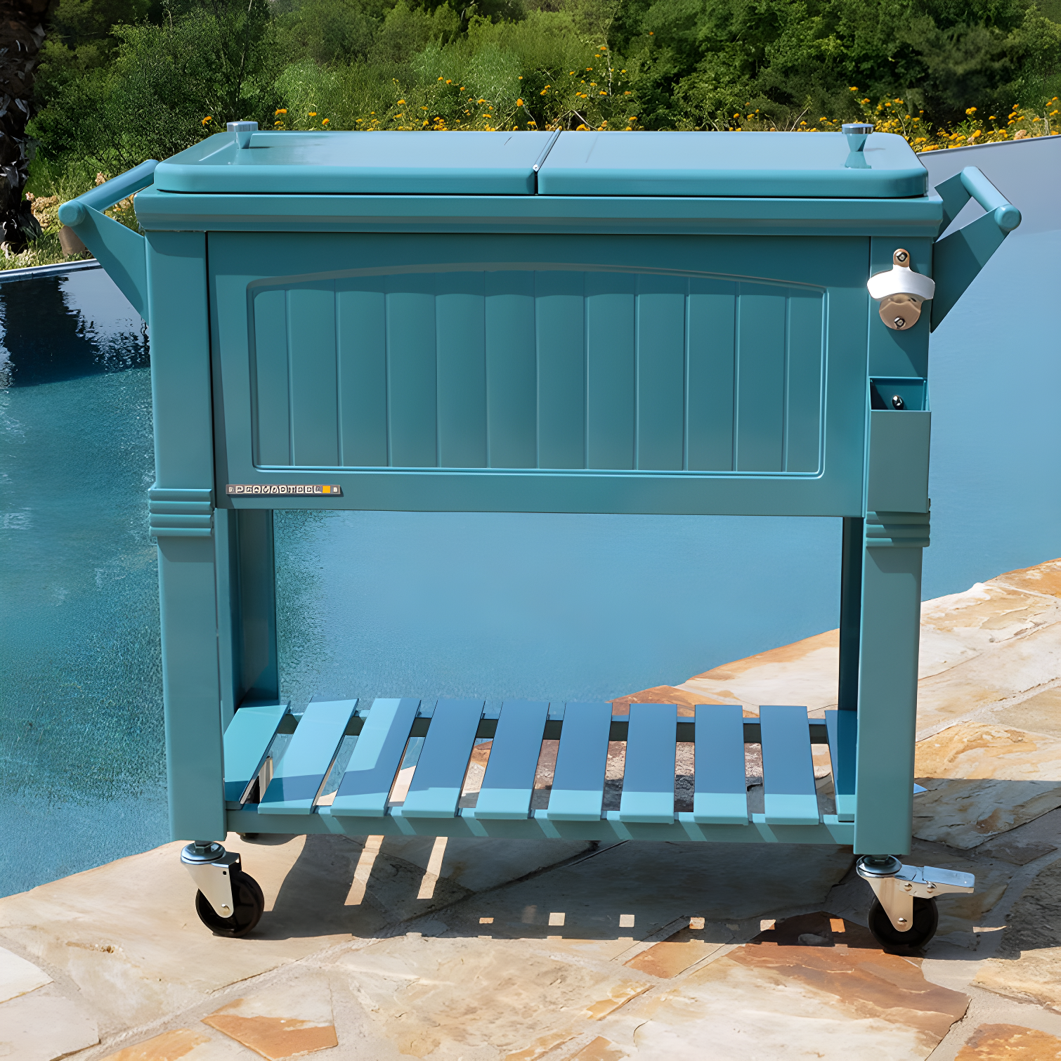 Teal Antique Rolling Wood Patio Cooler with Wheels