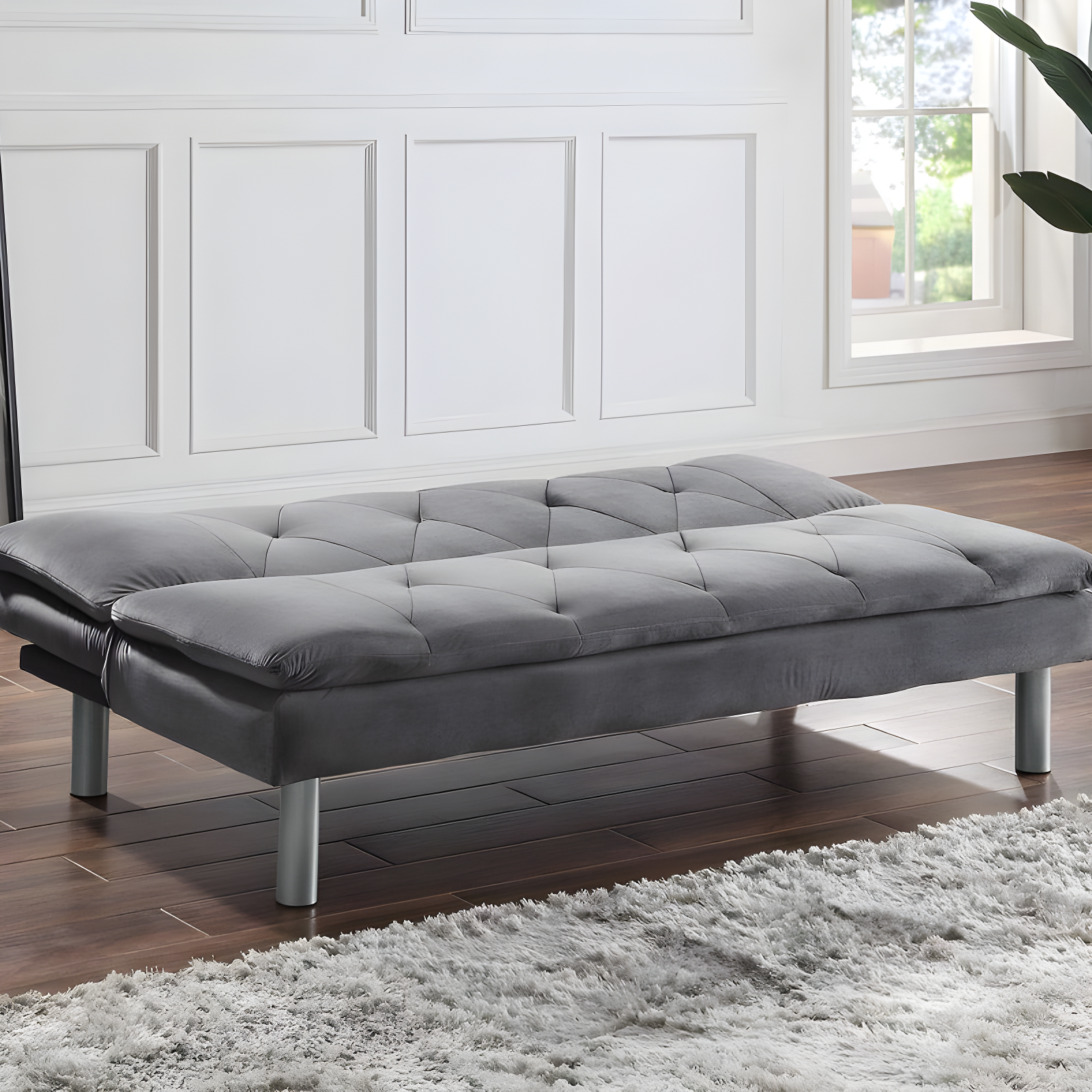 67'' Queen Tufted Gray Velvet Sleeper Sofa with Wood Accents