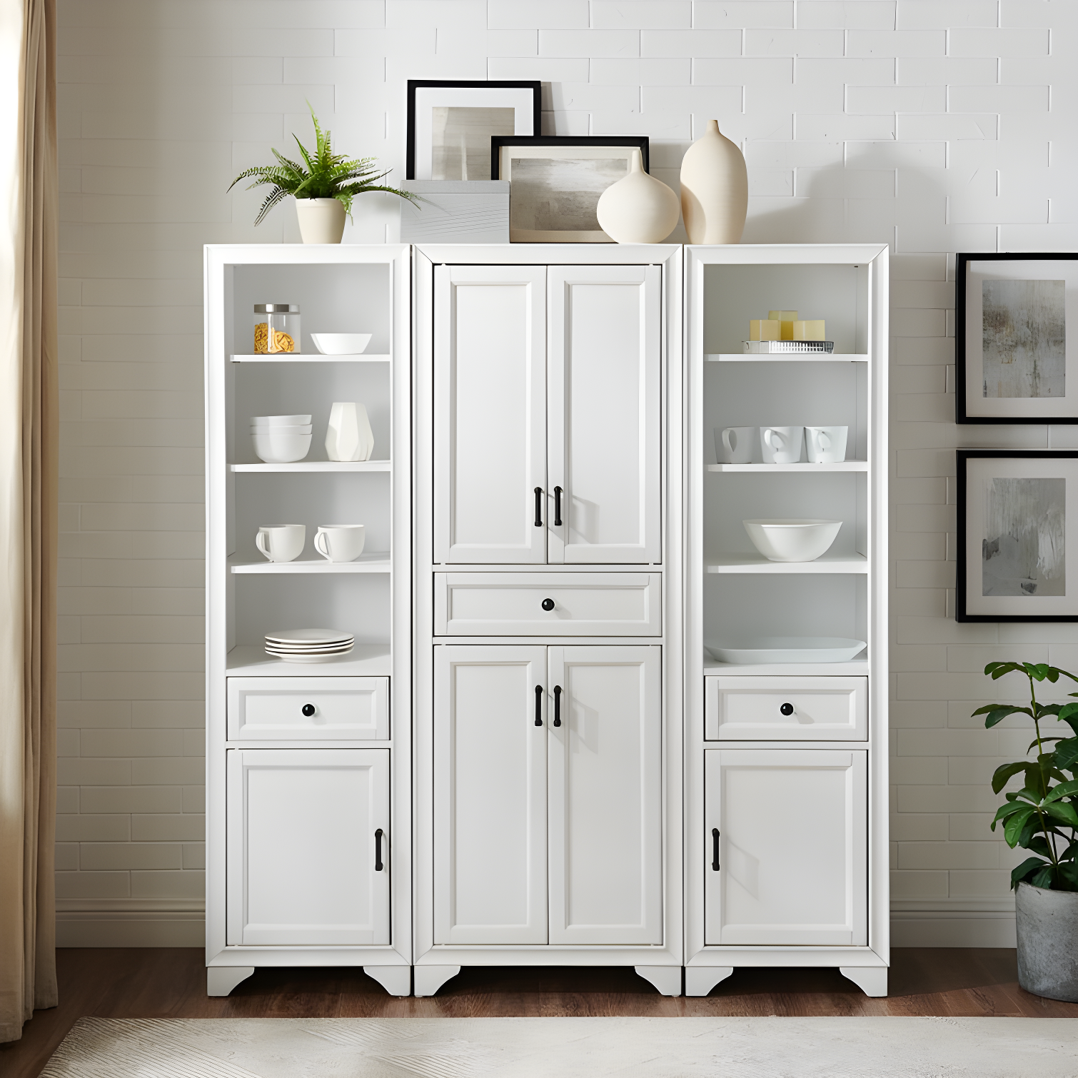 Distressed White 3-Piece Kitchen Pantry Storage Cabinet Set