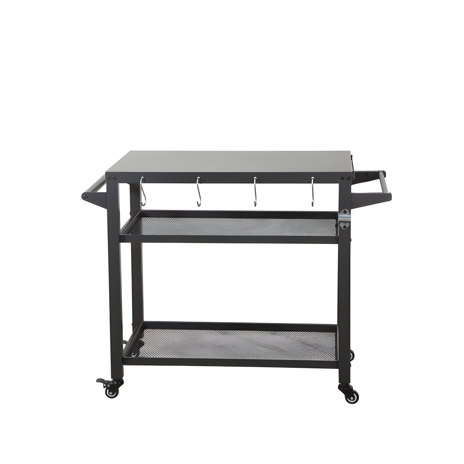 3-Shelf Black Metal Outdoor Grill Cart with Wheels and Tool Storage