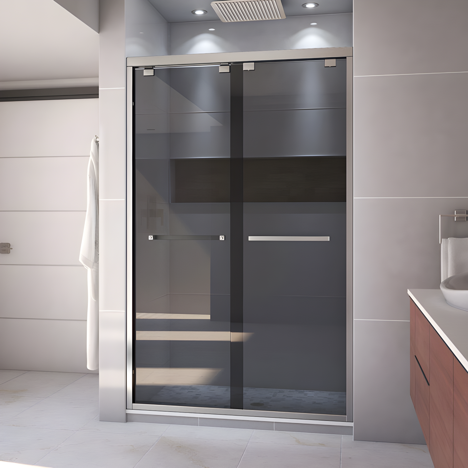 Encore 48" Frameless Brushed Nickel Smoke Gray Shower Door