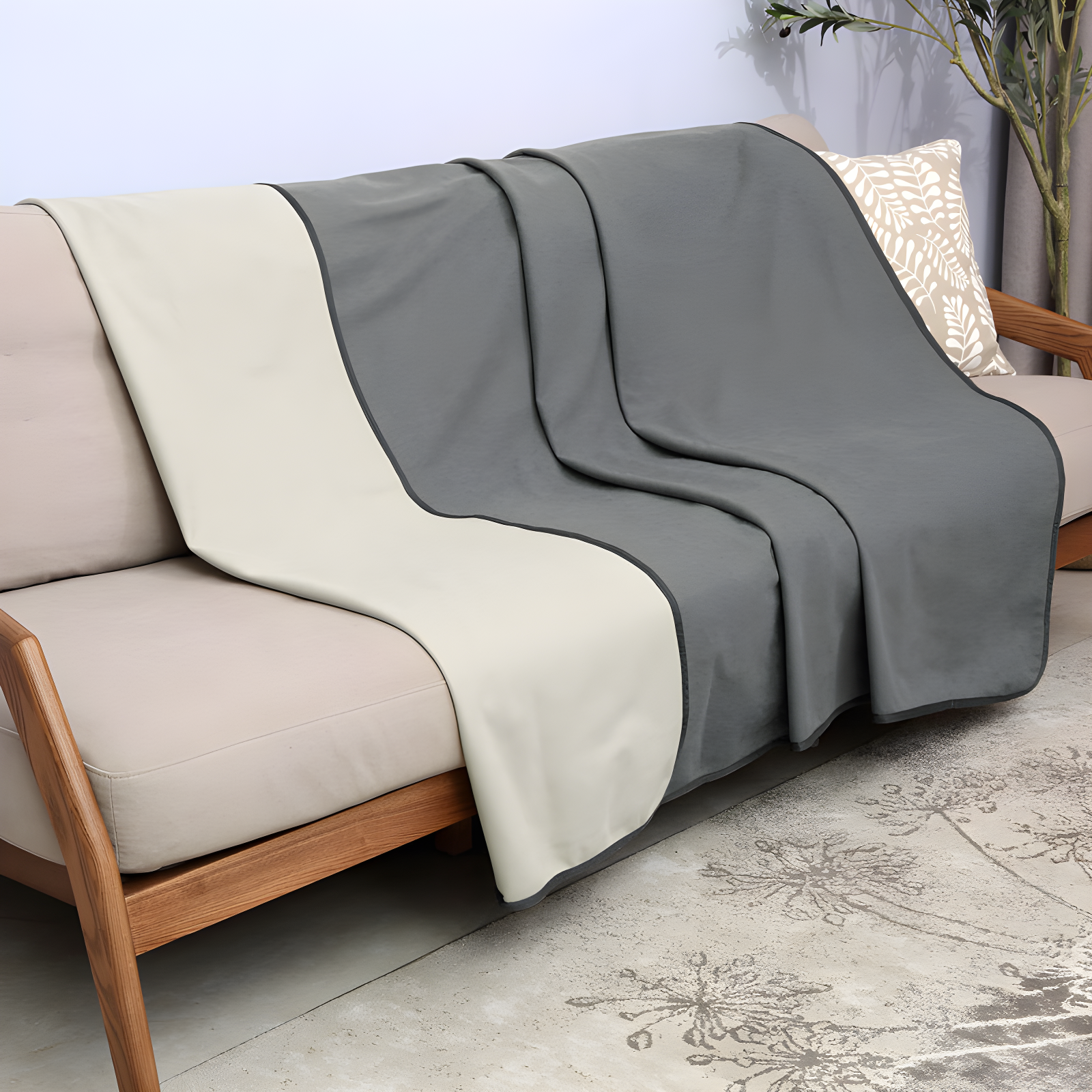 Reversible Gray and Taupe Waterproof Fleece Blanket 60" x 80"