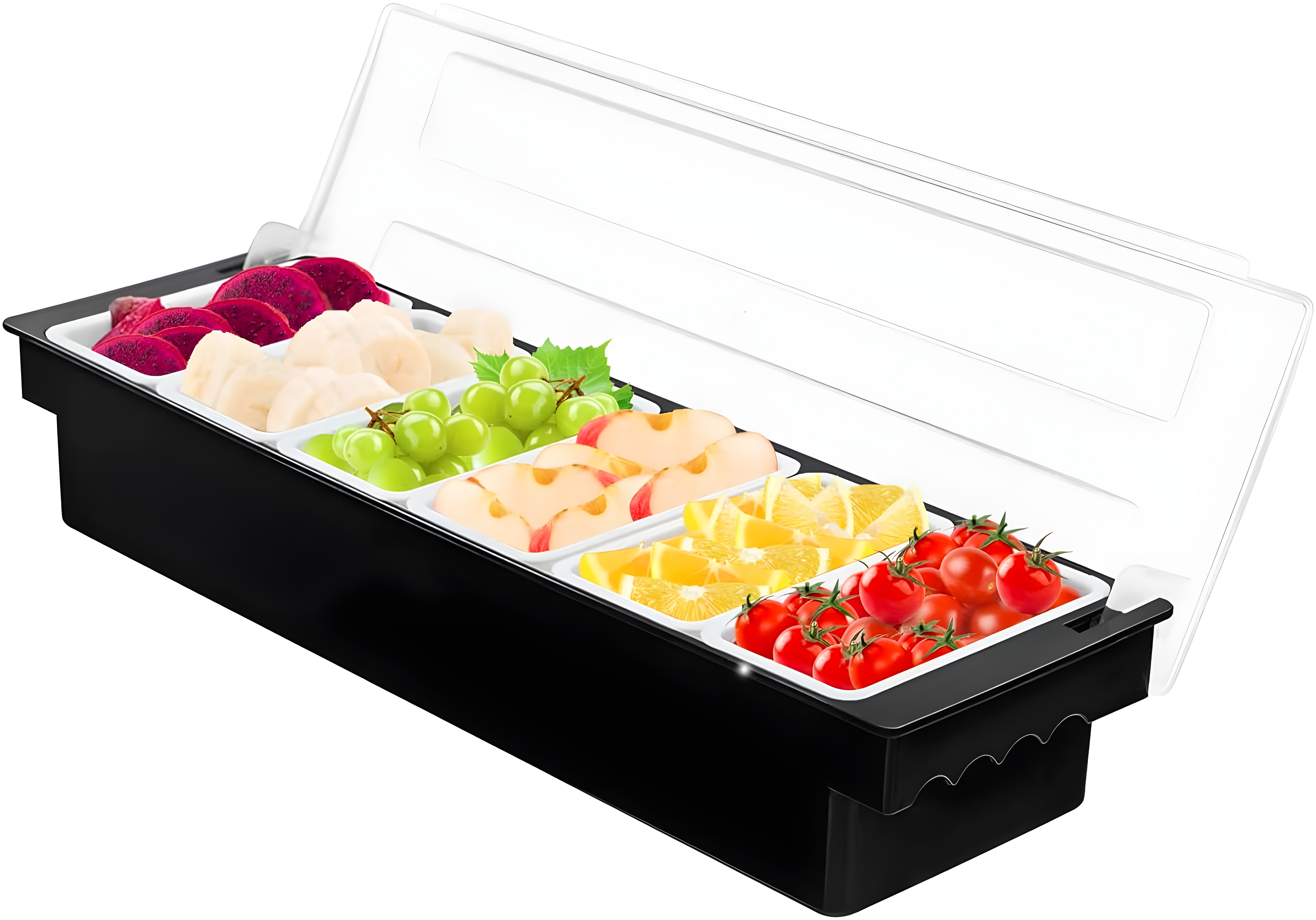 Black Plastic 6-Compartment Condiment Caddy with Flip Top Lid