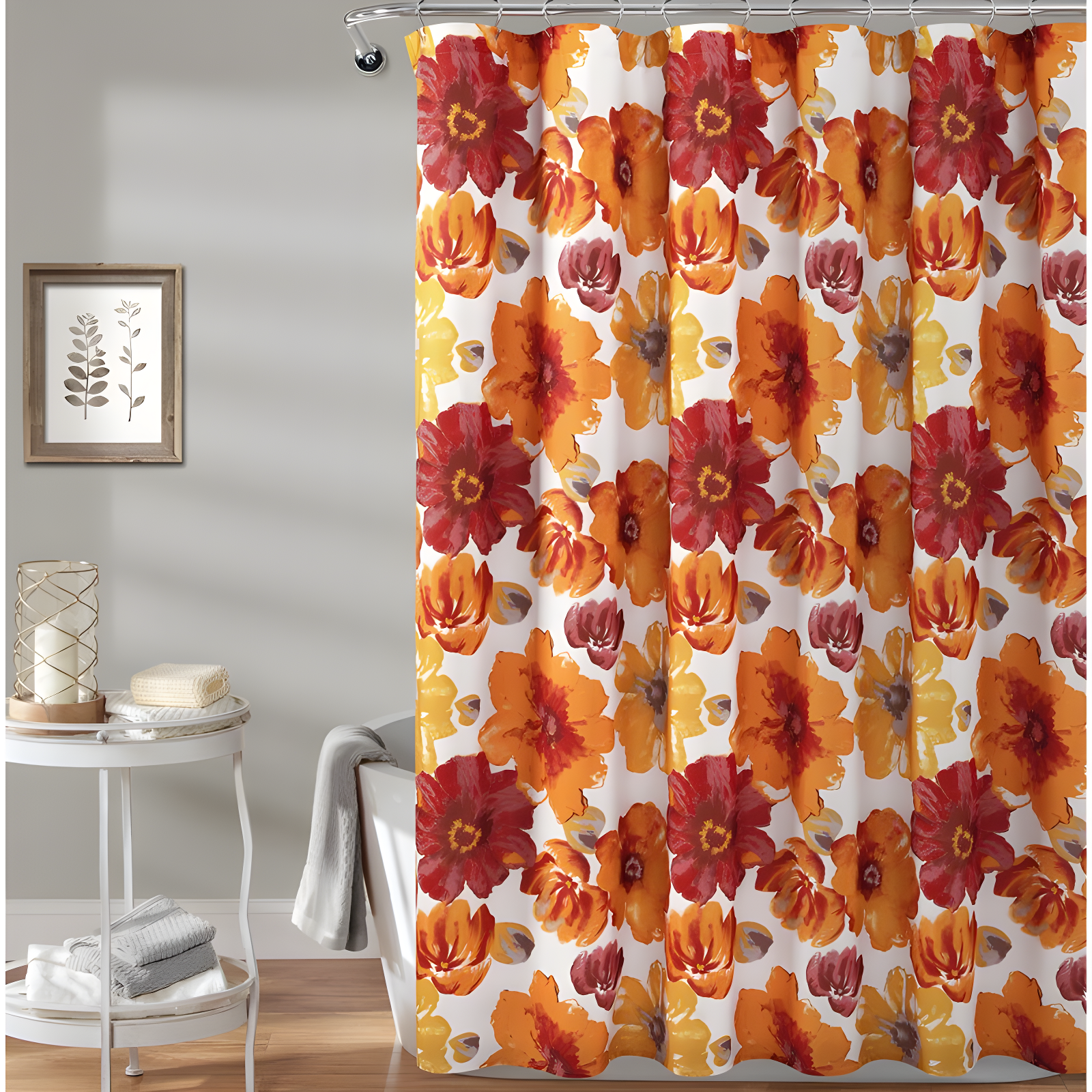 Leah Red and Orange Floral Polyester Shower Curtain