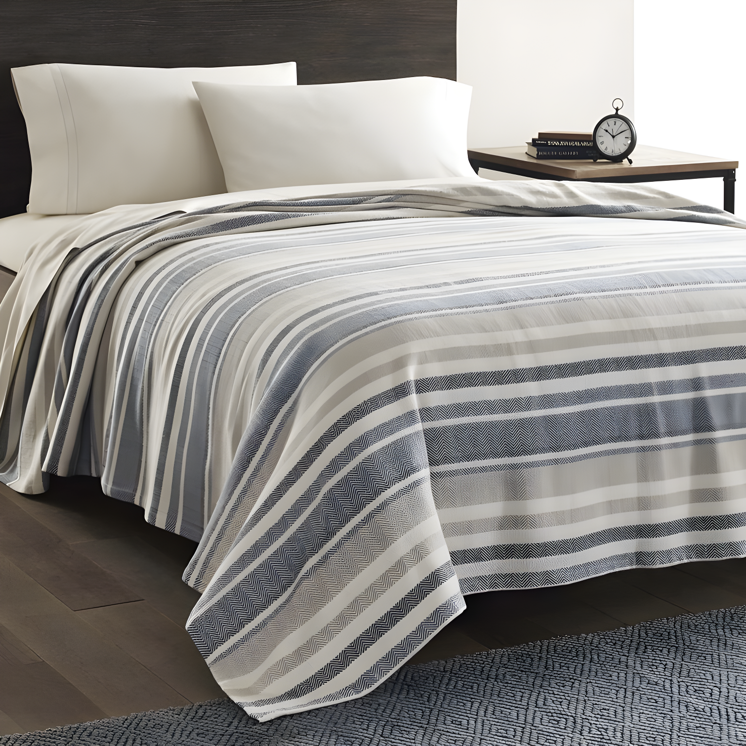 Herringbone Soft Touch Cotton Full-Size Blue Stripe Blanket