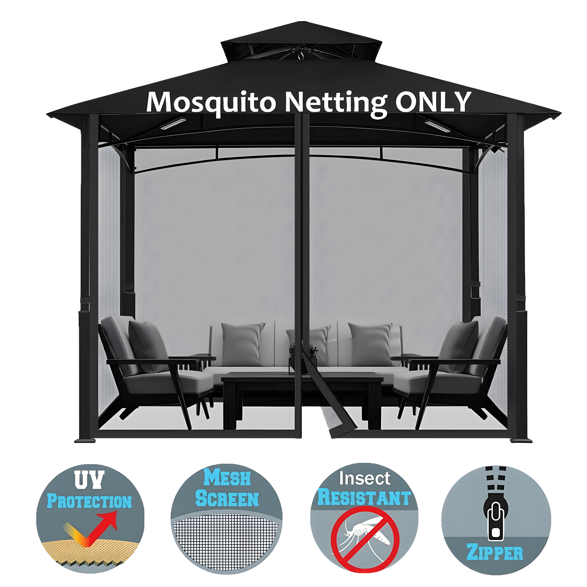 Universal Black Polyester Replacement Mosquito Netting for Gazebos