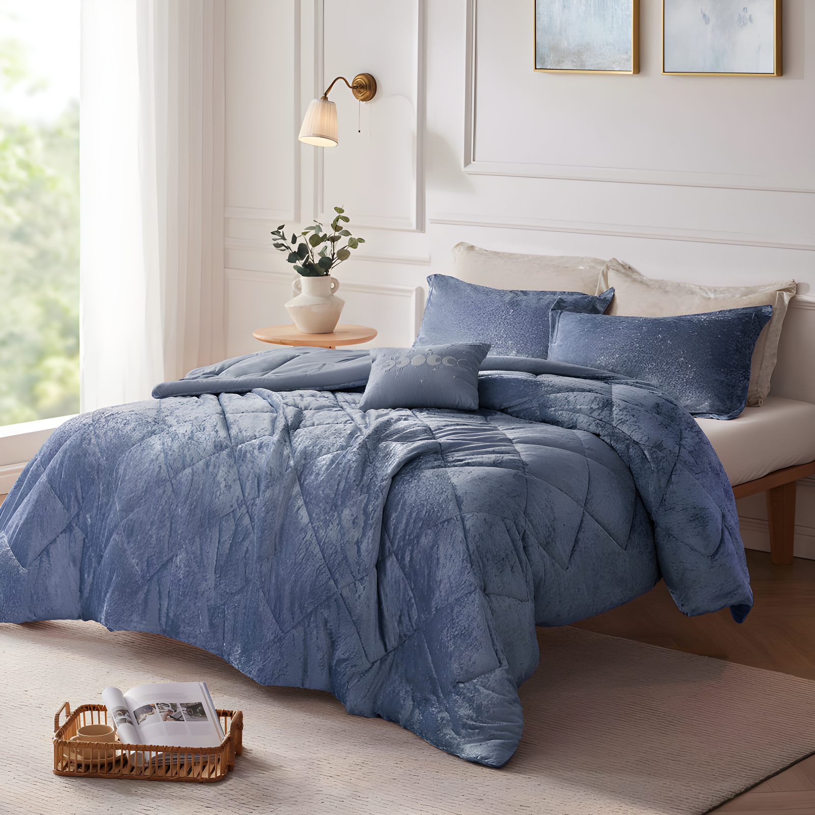 Full Blue Velvet Comforter Set with Decorative Pillow