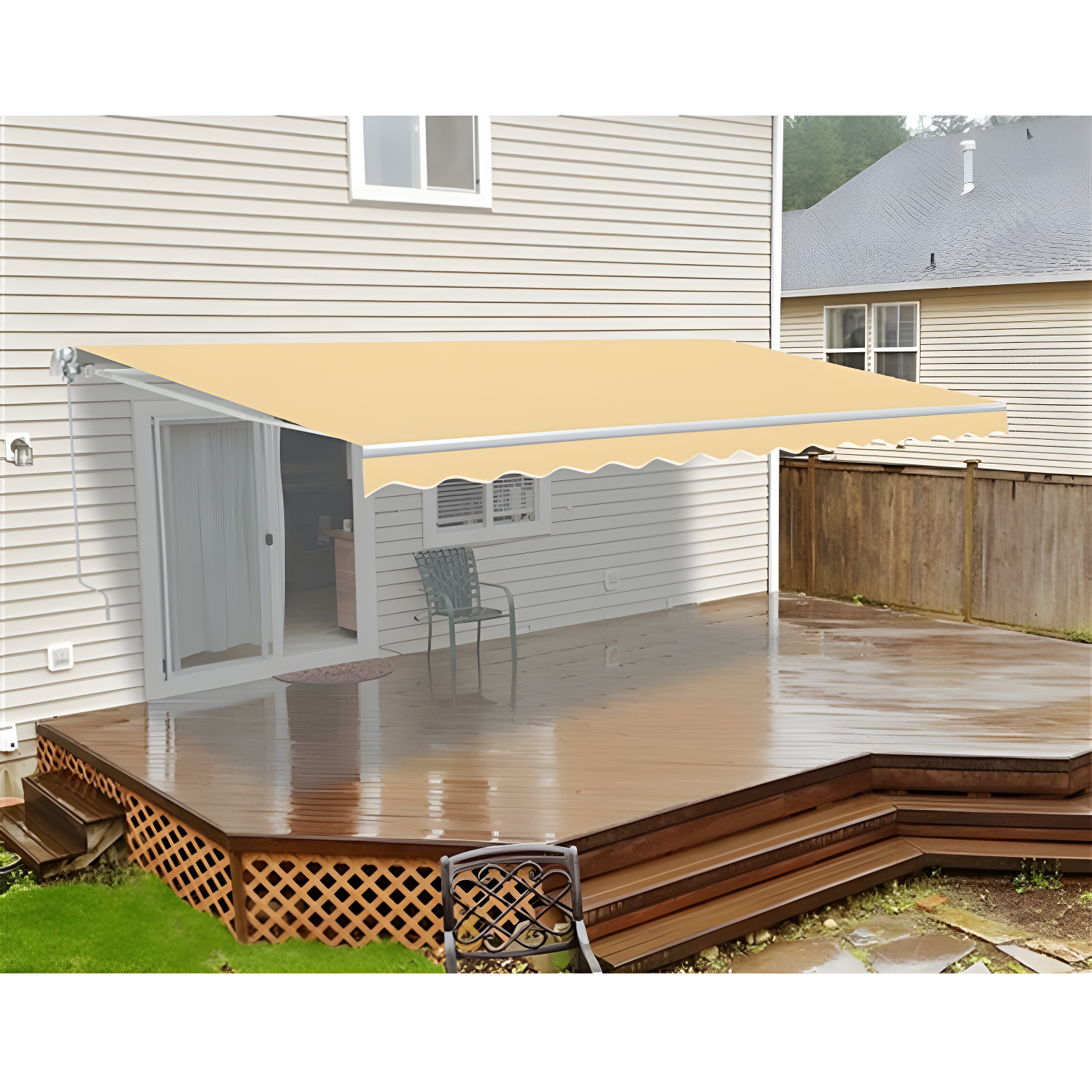 Ivory Polyester Retractable Patio Awning with White Frame