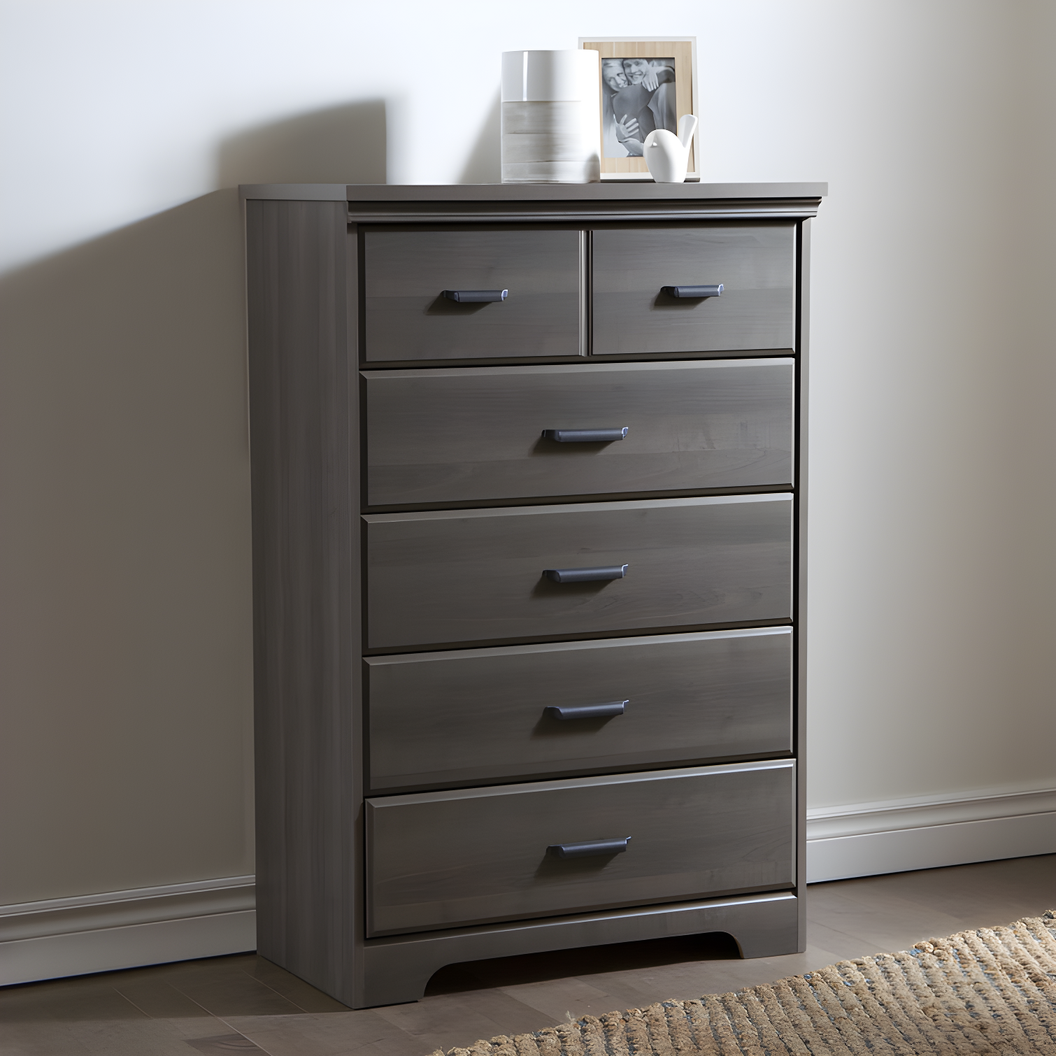 Gray Laminate 5-Drawer Chest with Metal Handles