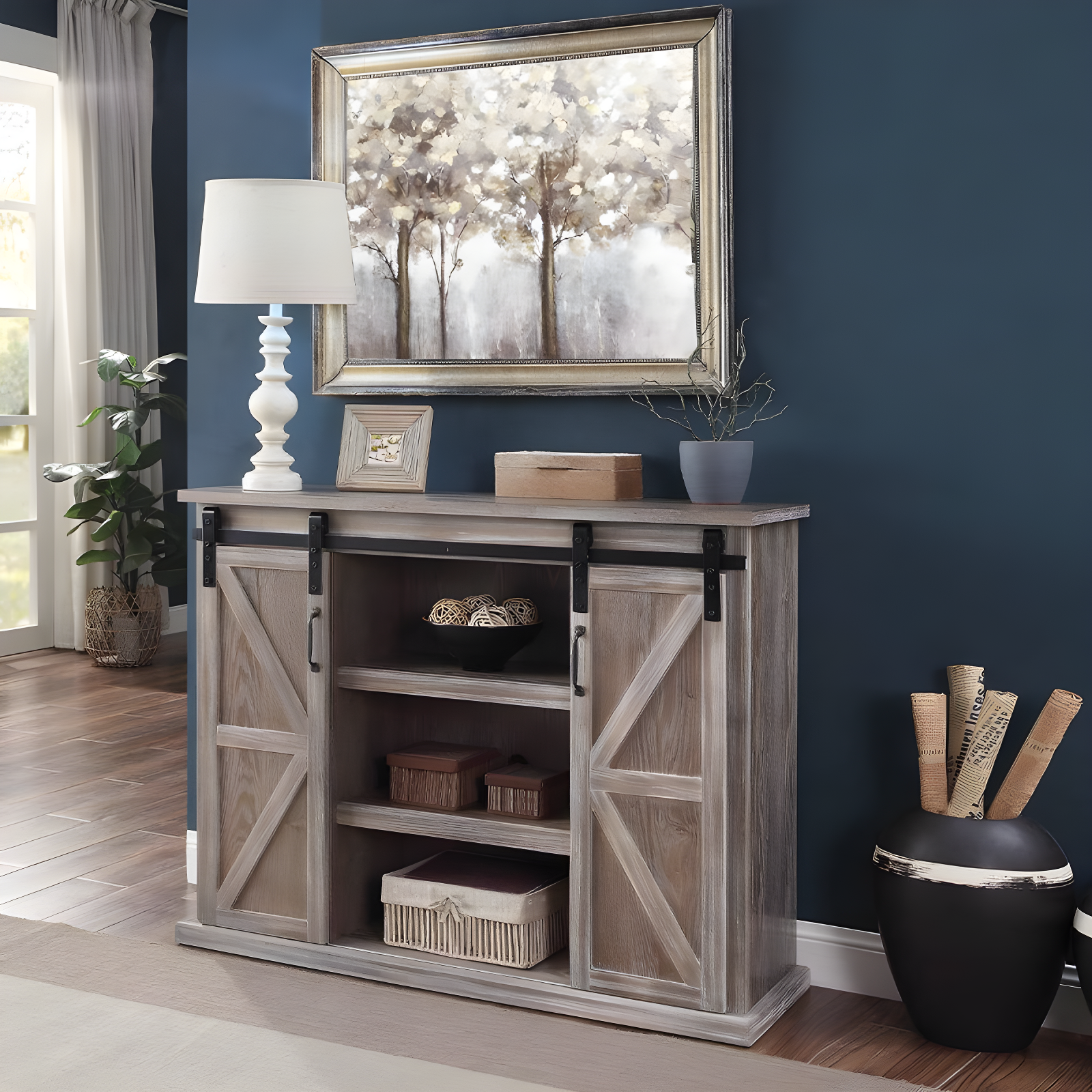 Orabella 51.5" Rustic Natural Wooden TV Stand with Sliding Barn Doors