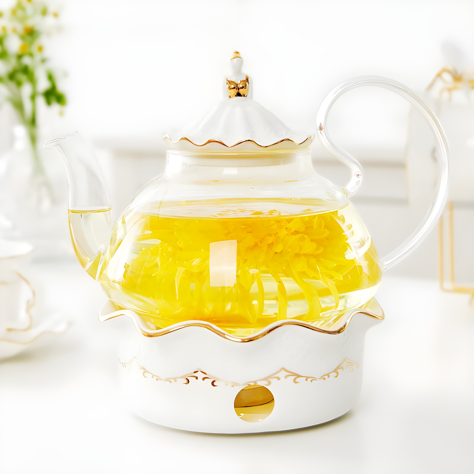 Luxury Clear Glass Teapot with Gold Trim and Warmer