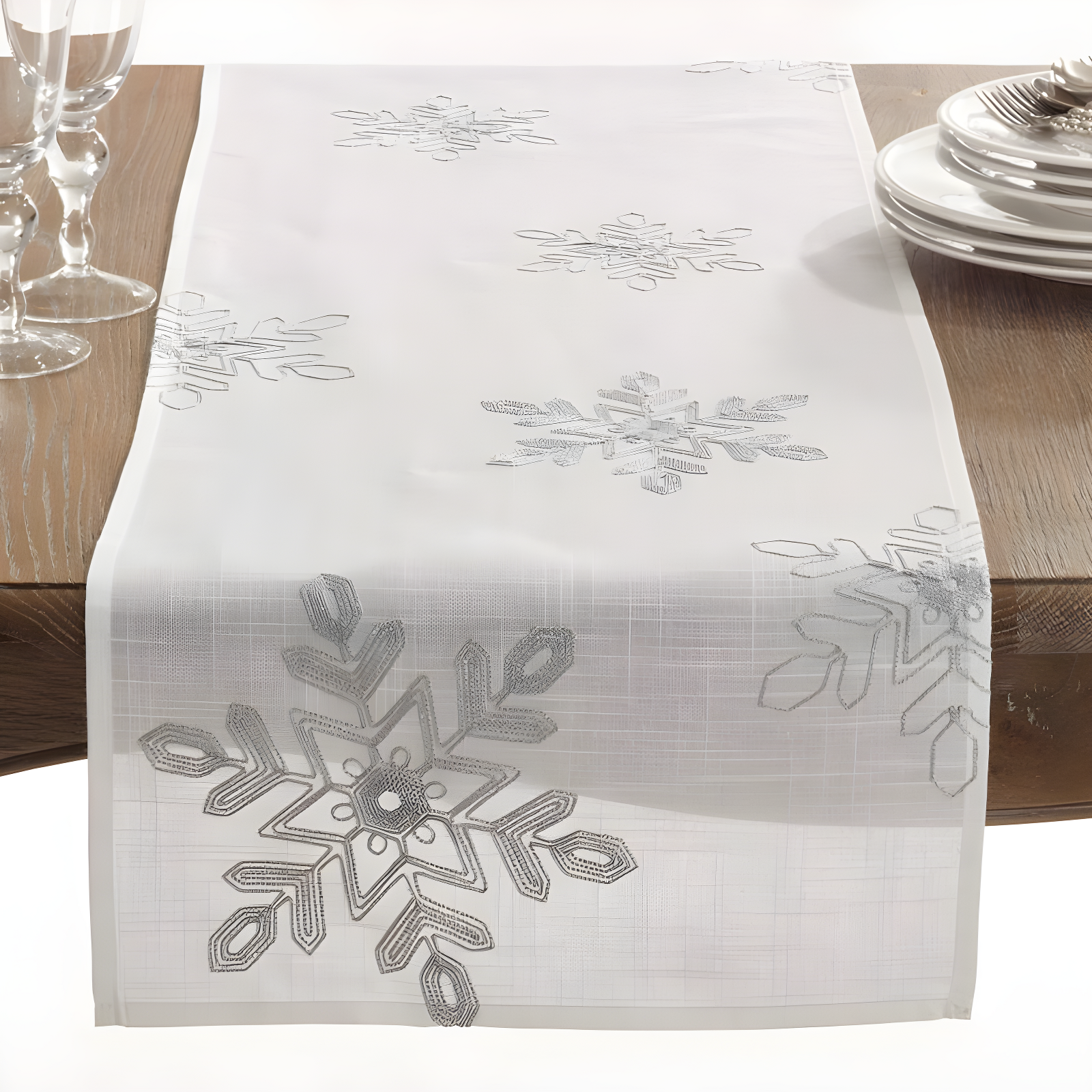 Silver Embroidered Snowflake Polyester Winter Table Runner