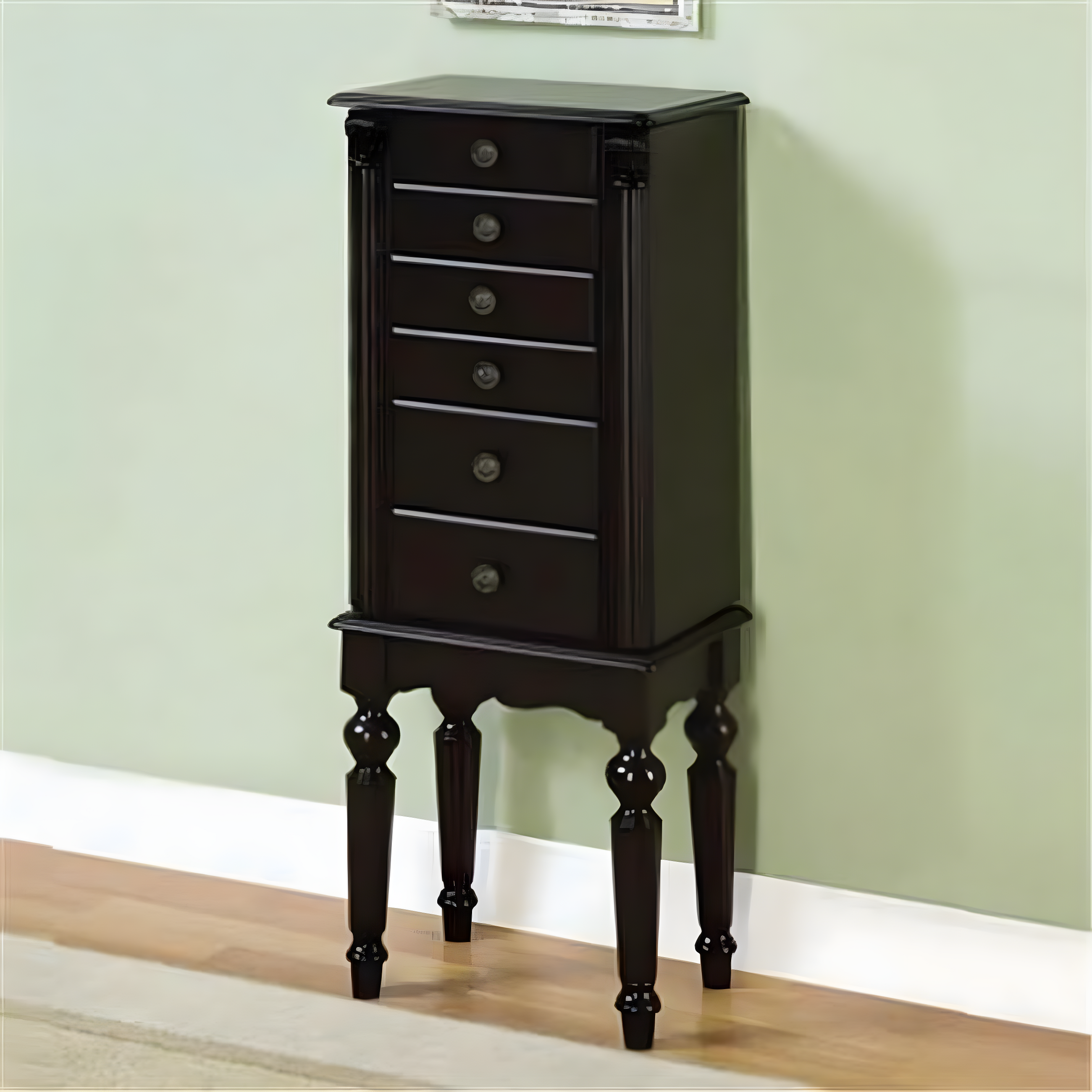 Petite Ebony Black Jewelry Armoire with Mirror and Plush Lining