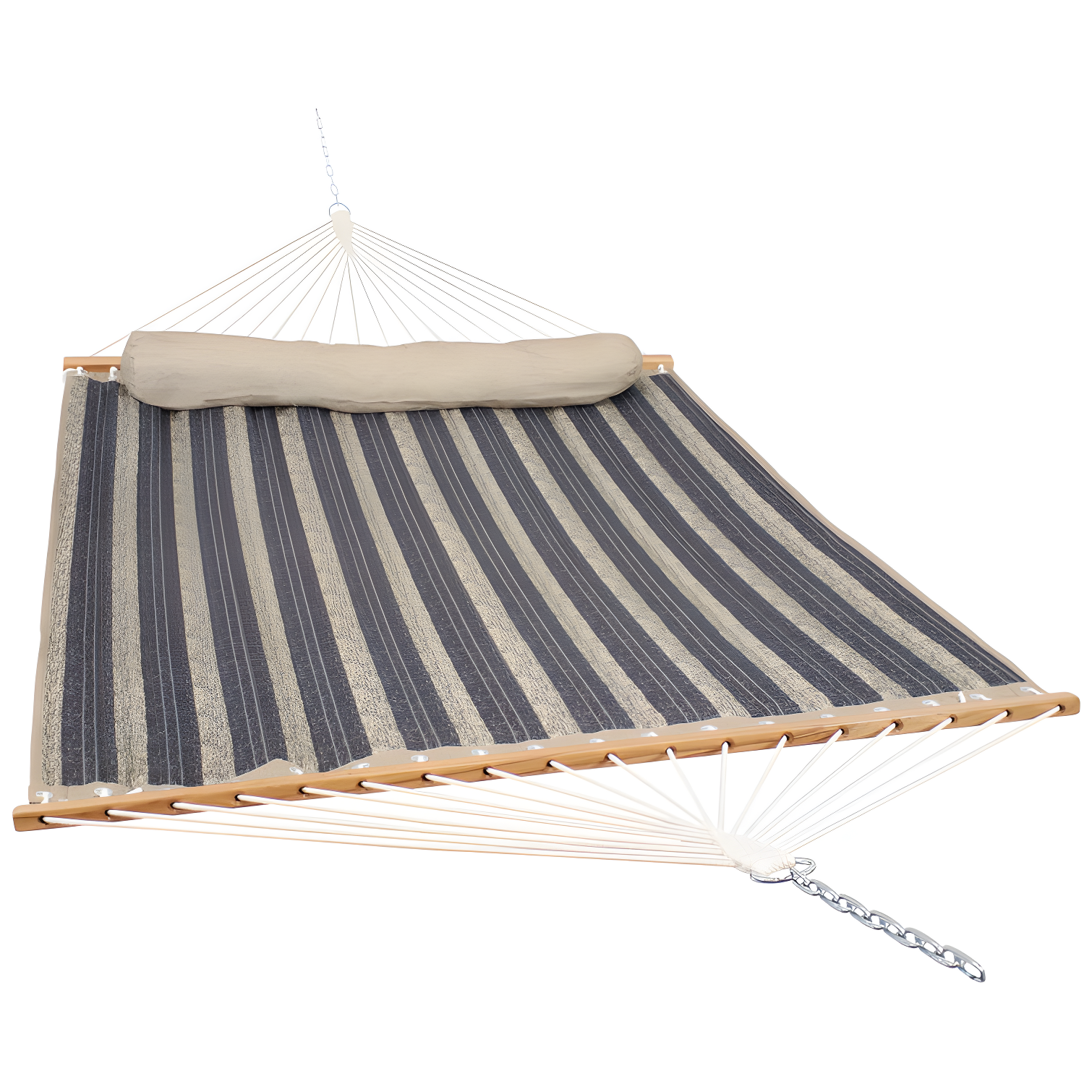 Gray and Blue Striped Quilted Polyester 2-Person Hammock with Spreader Bars