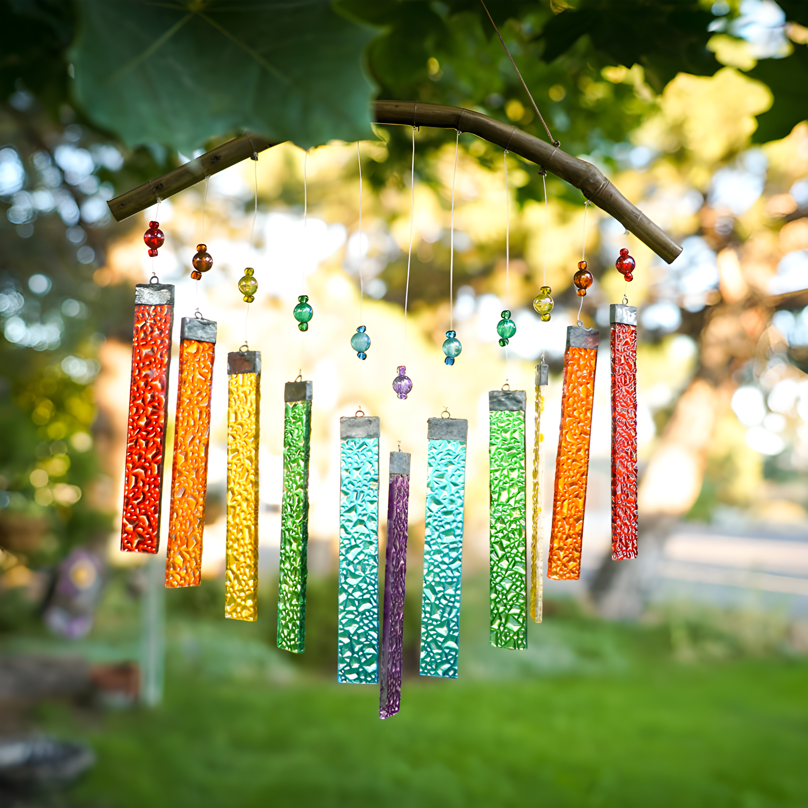 Rainbow Textured Glass and Wood Wind Chime