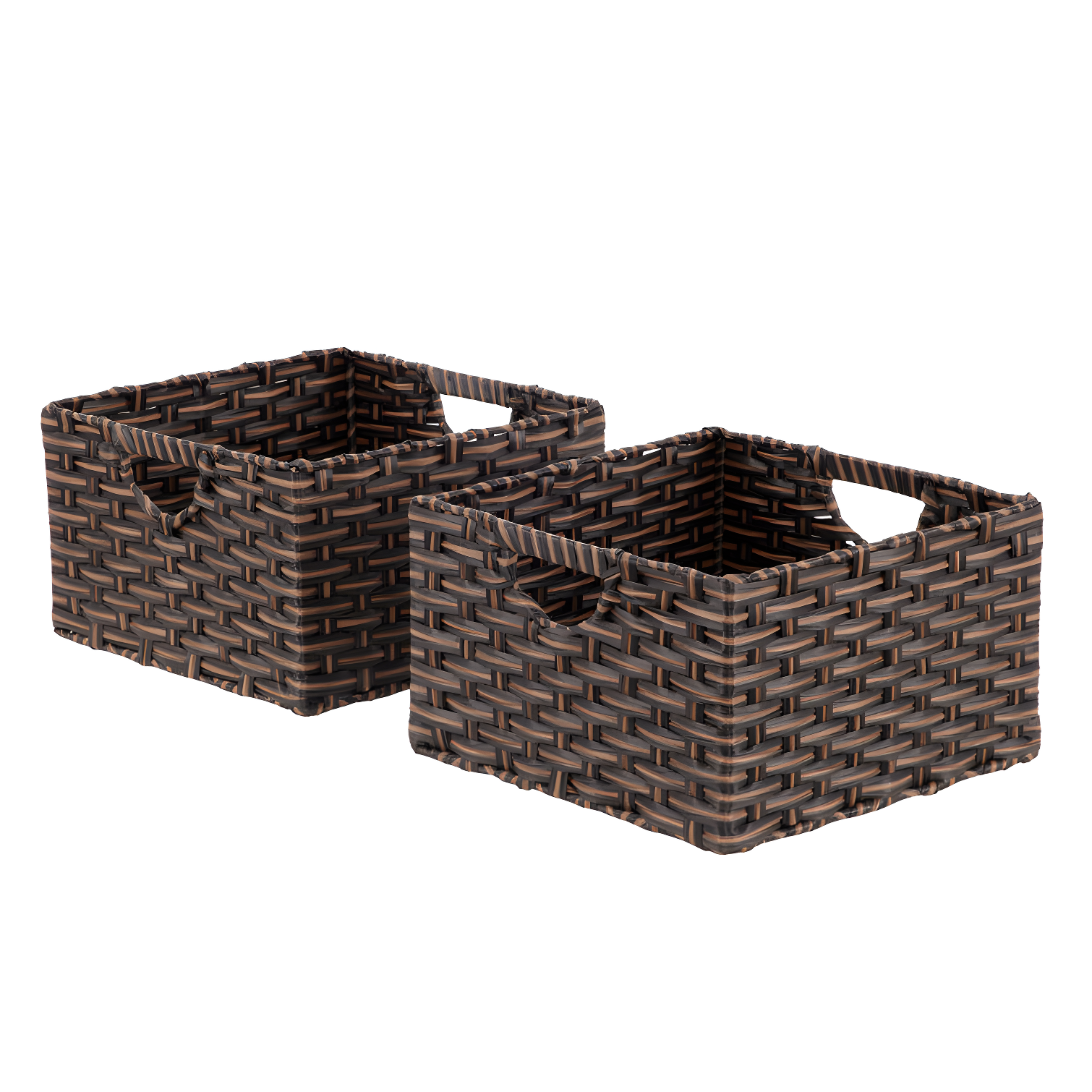 Mocha Brown Handwoven Square Storage Baskets with Handles, Set of 2