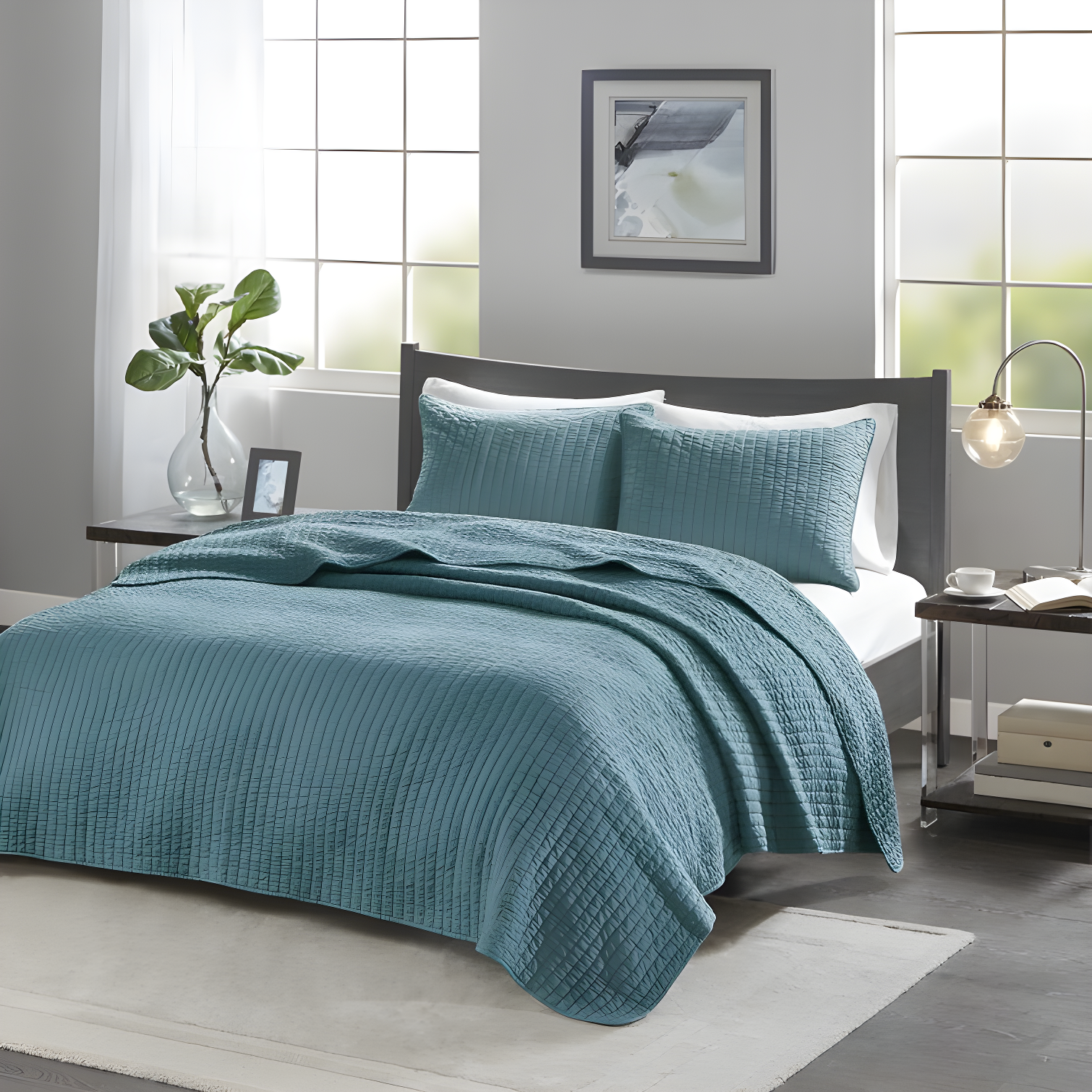Teal Twin Microfiber Reversible Quilt Set