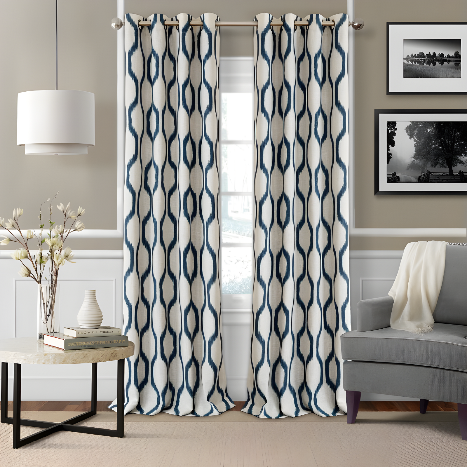 Indigo Ikat Geometric Blackout Grommet Linen Curtains