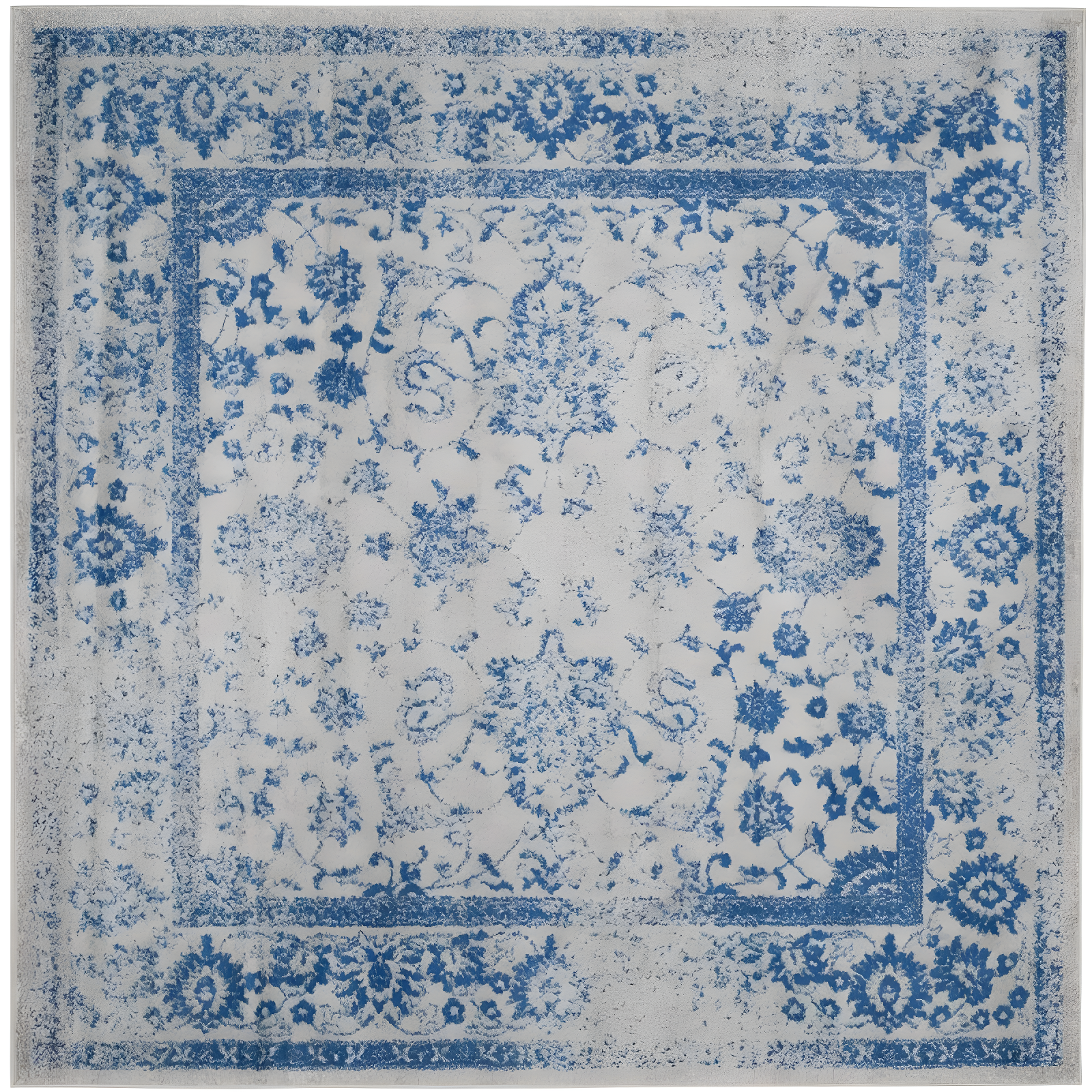 Grey and Blue Square Oriental Synthetic Area Rug