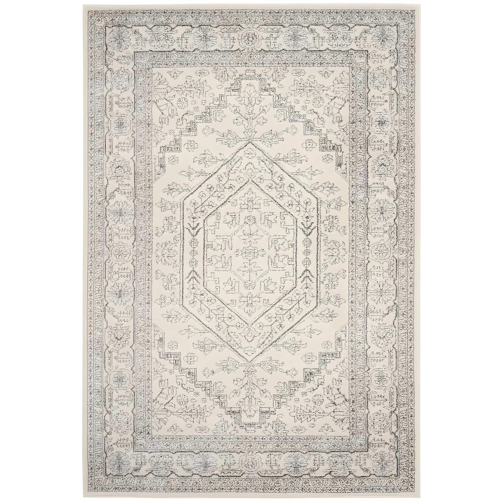 Ivory and Silver Medallion Hand-Knotted Easy Care Area Rug