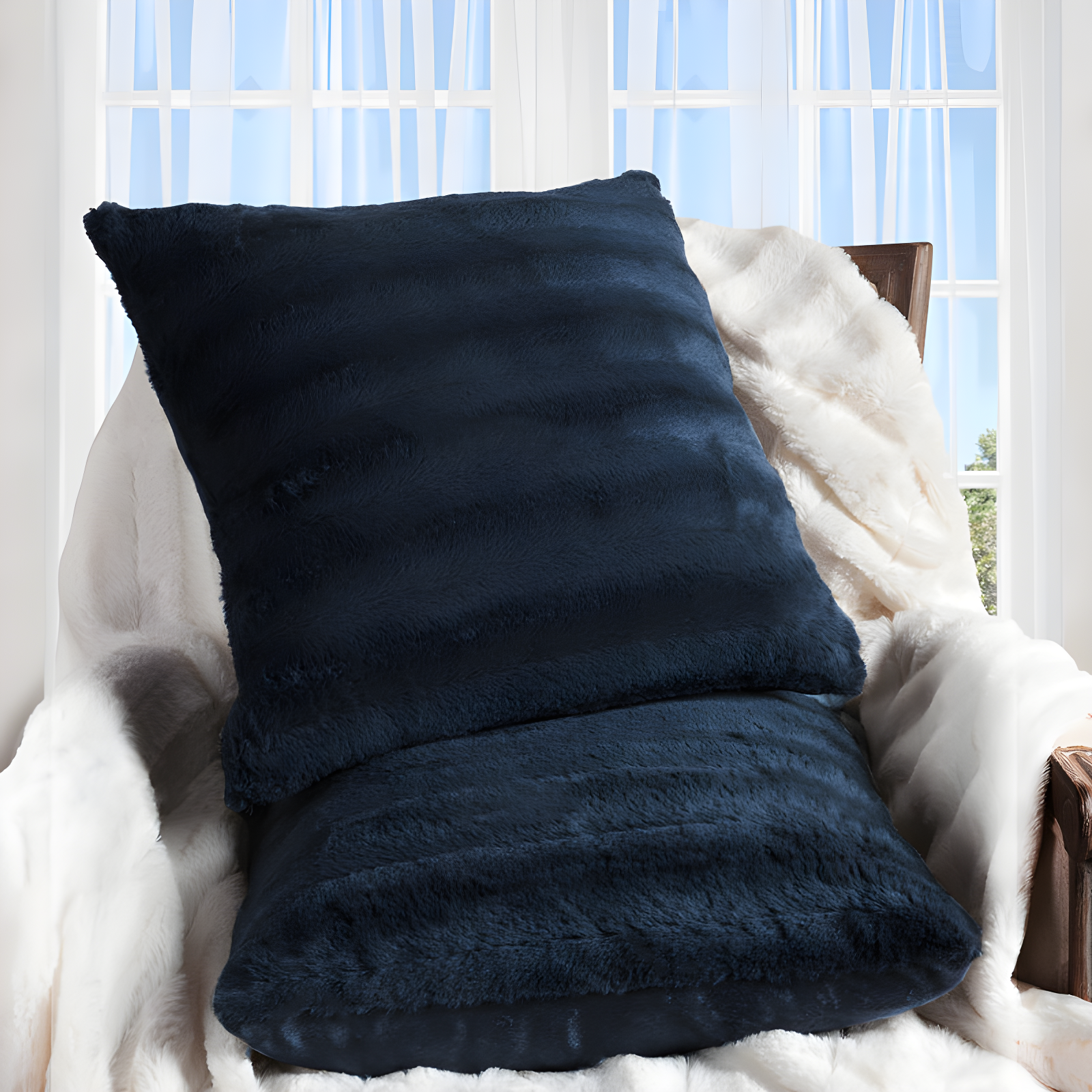 Luxurious Blue Faux Fur Throw Pillow Set of 2