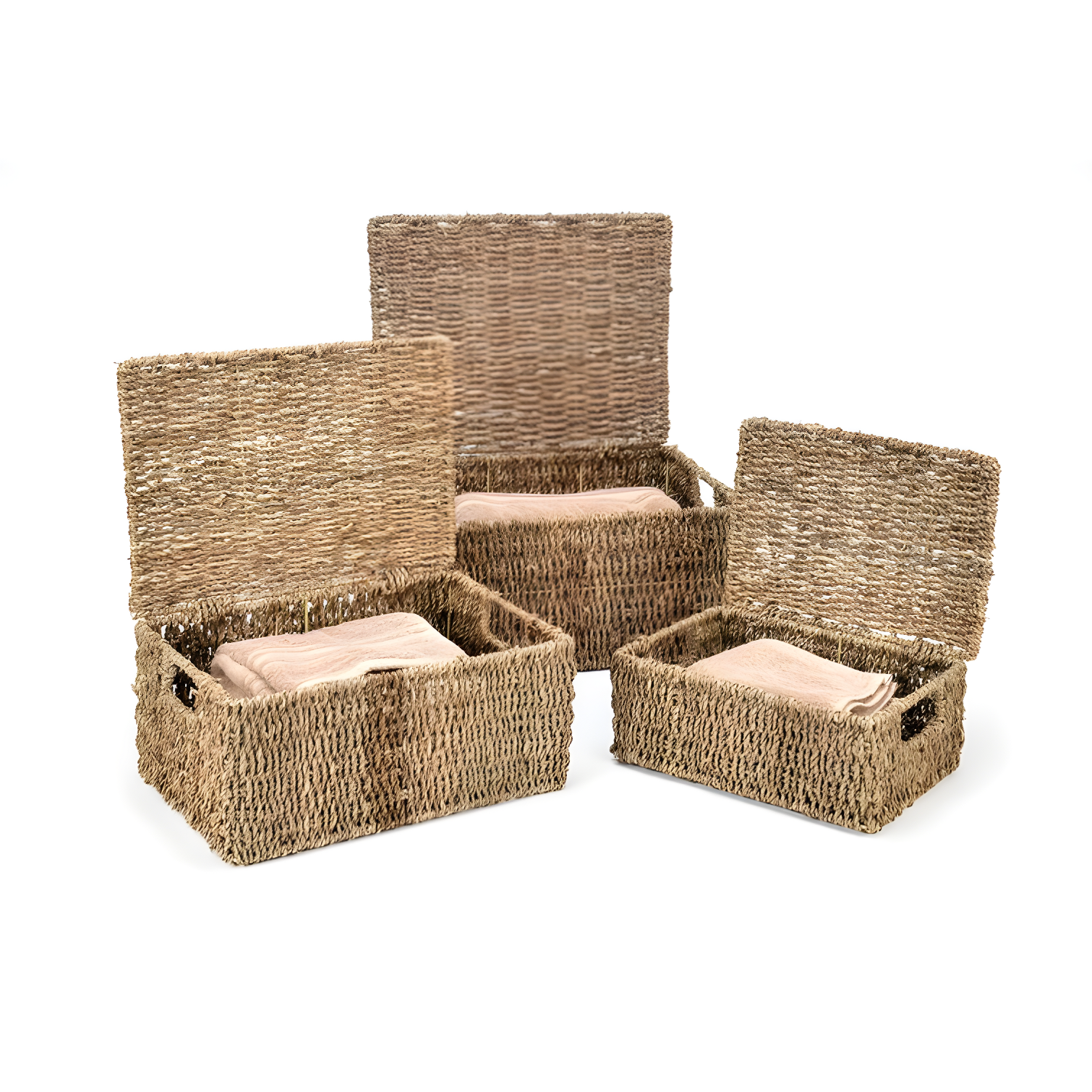 Eco-Chic Seagrass Rectangular Storage Baskets with Lids - Set of 3