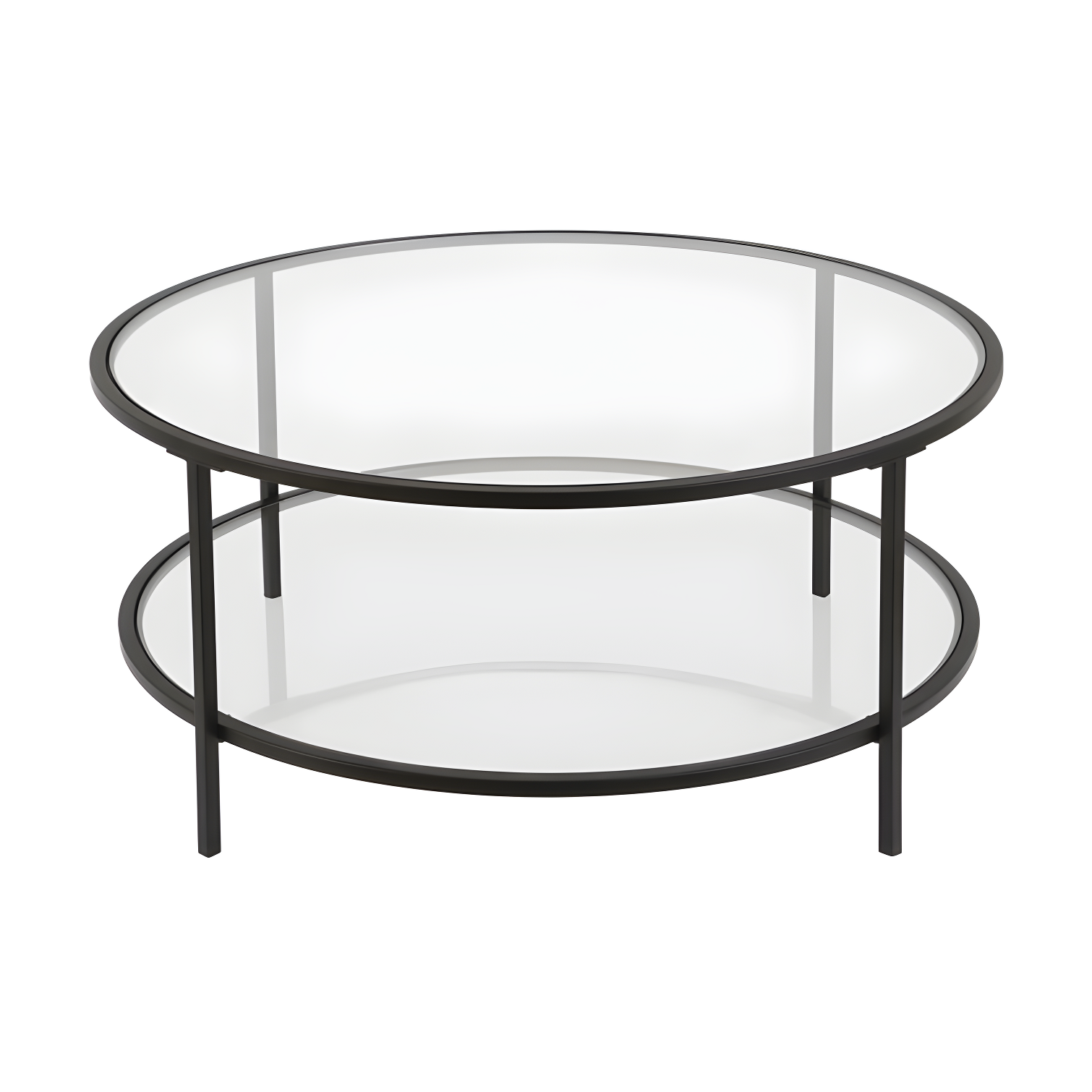 36" Clear Glass and Blackened Bronze Round Coffee Table with Shelf