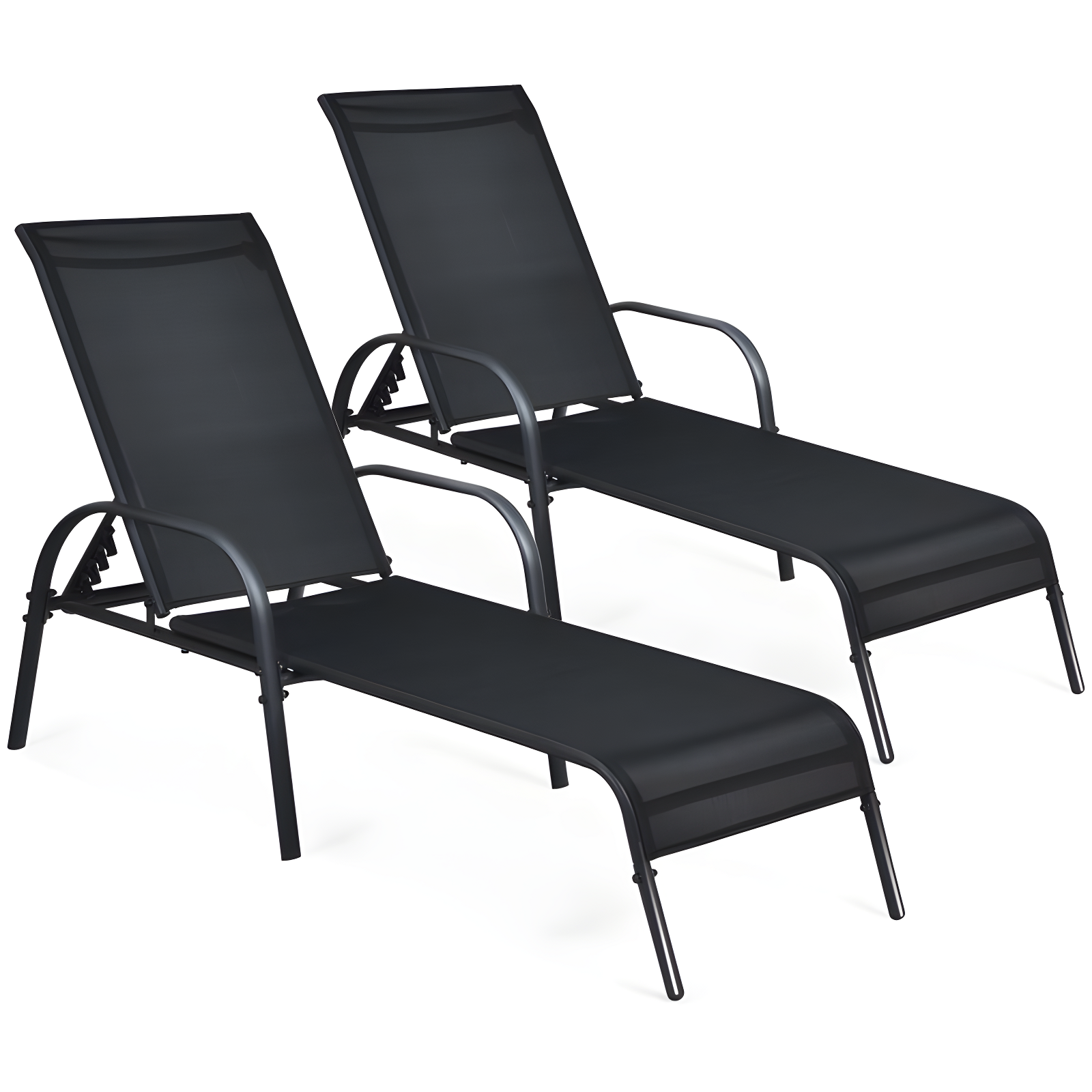 Black Steel Adjustable Chaise Lounge Chairs with Armrests, Set of 2