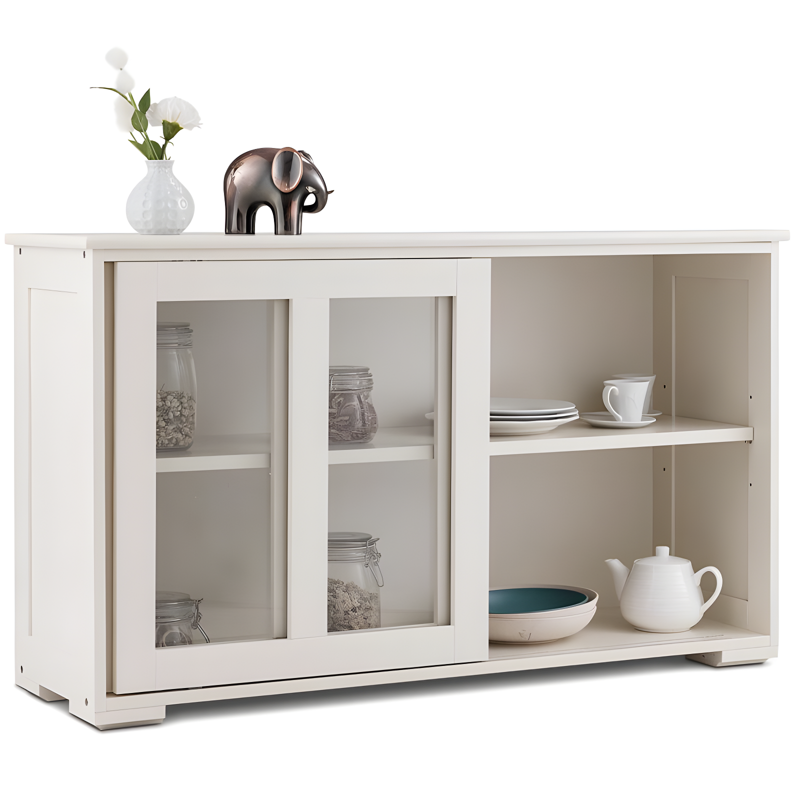 Off-White MDF Kitchen Storage Cabinet with Glass Sliding Doors