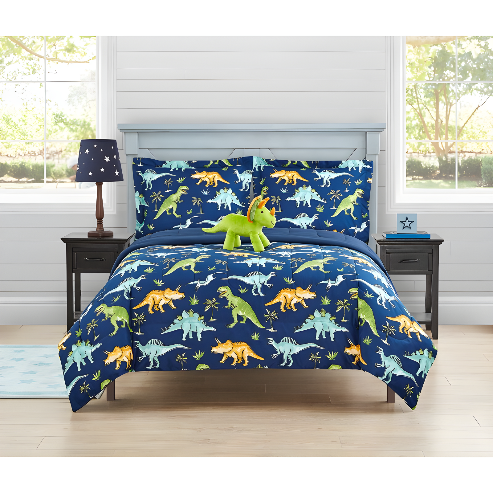 Twin Blue Microfiber Reversible Dinosaur Comforter Set