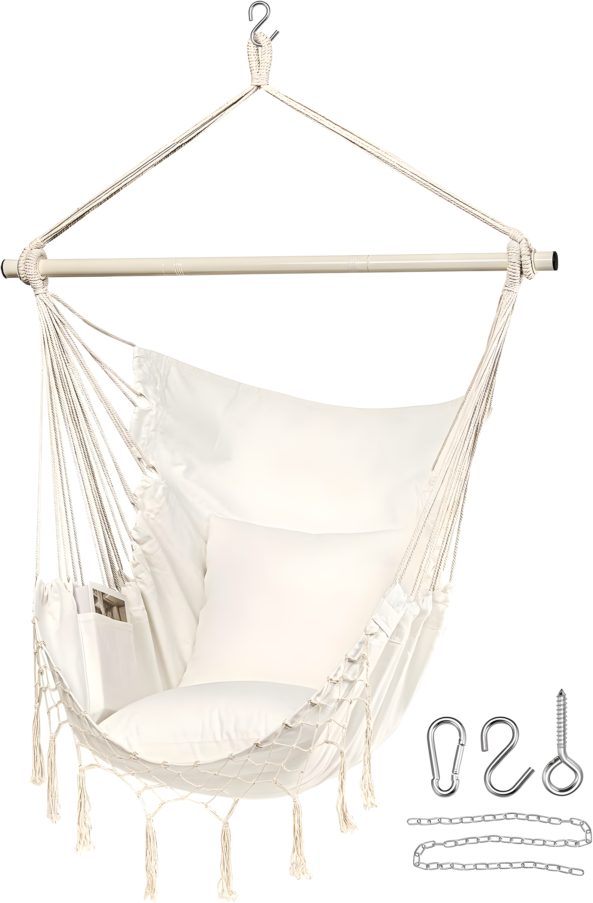 Large Beige Cotton Hanging Rope Hammock Chair with Pocket