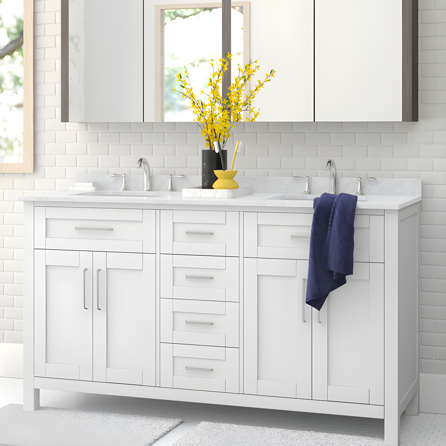 White Double Freestanding Bathroom Vanity with Marble Top