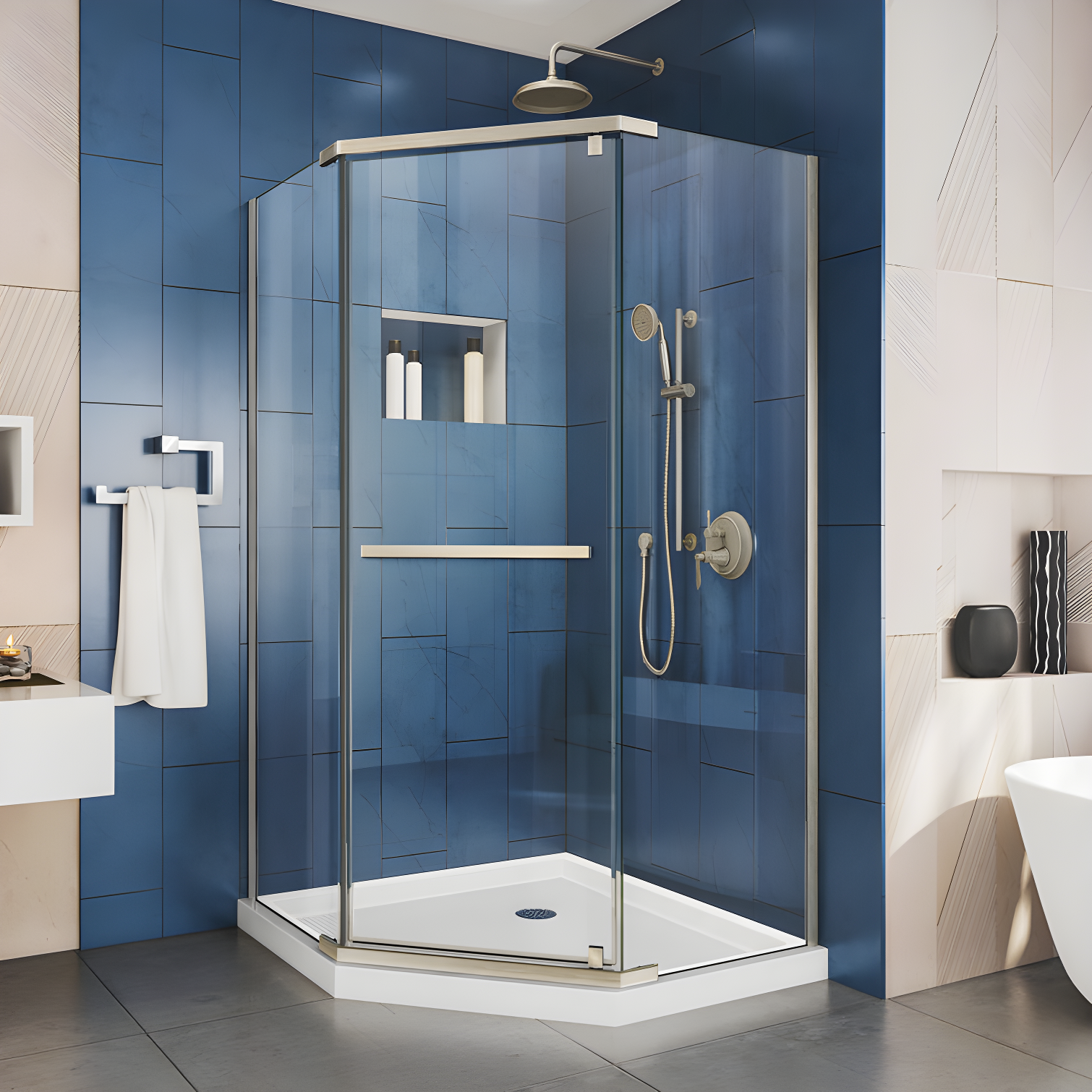 DreamLine Frameless Neo-Angle Pivot Shower Enclosure with Brushed Nickel Finish