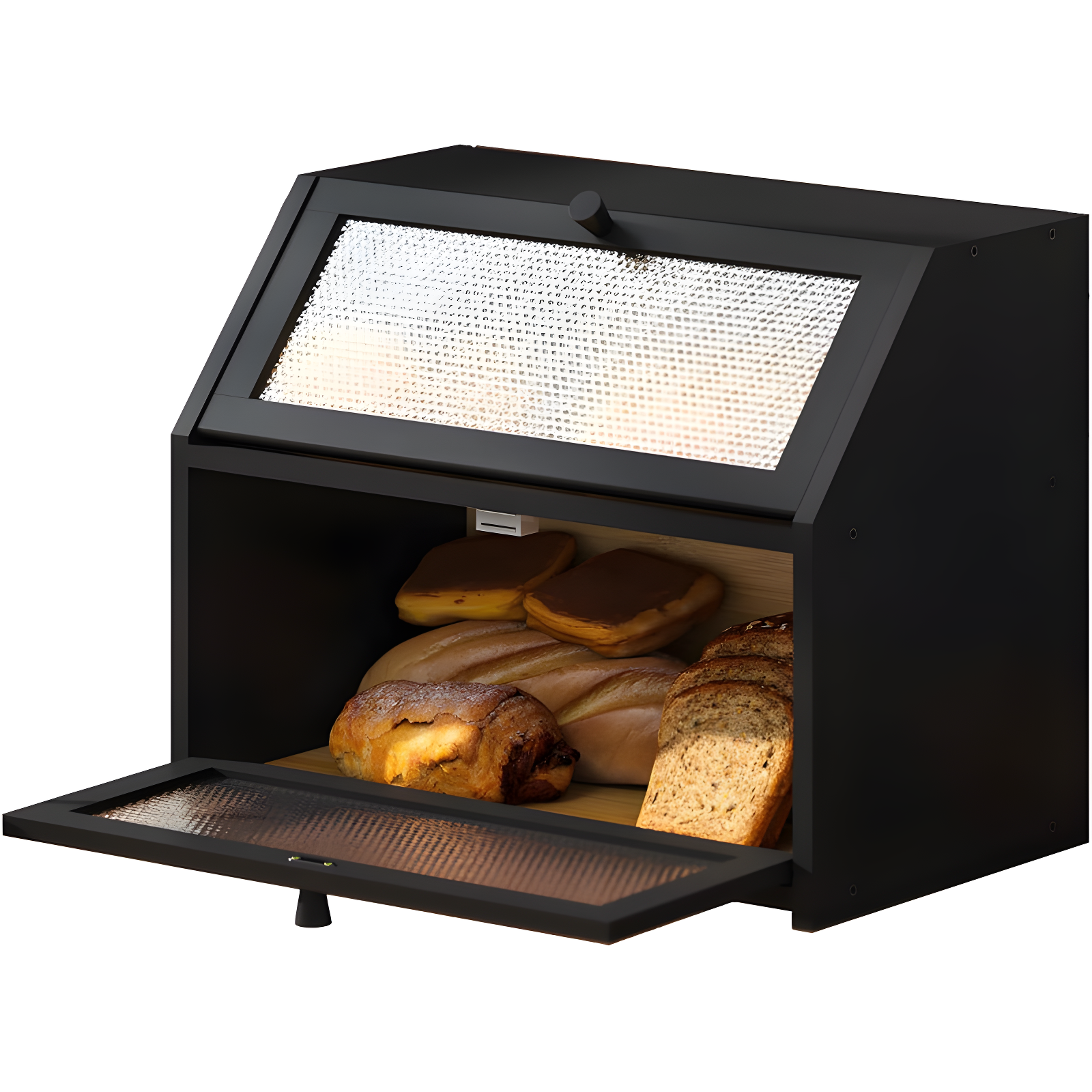 Black Double Layer Farmhouse Bread Box with Diamond Pattern Windows