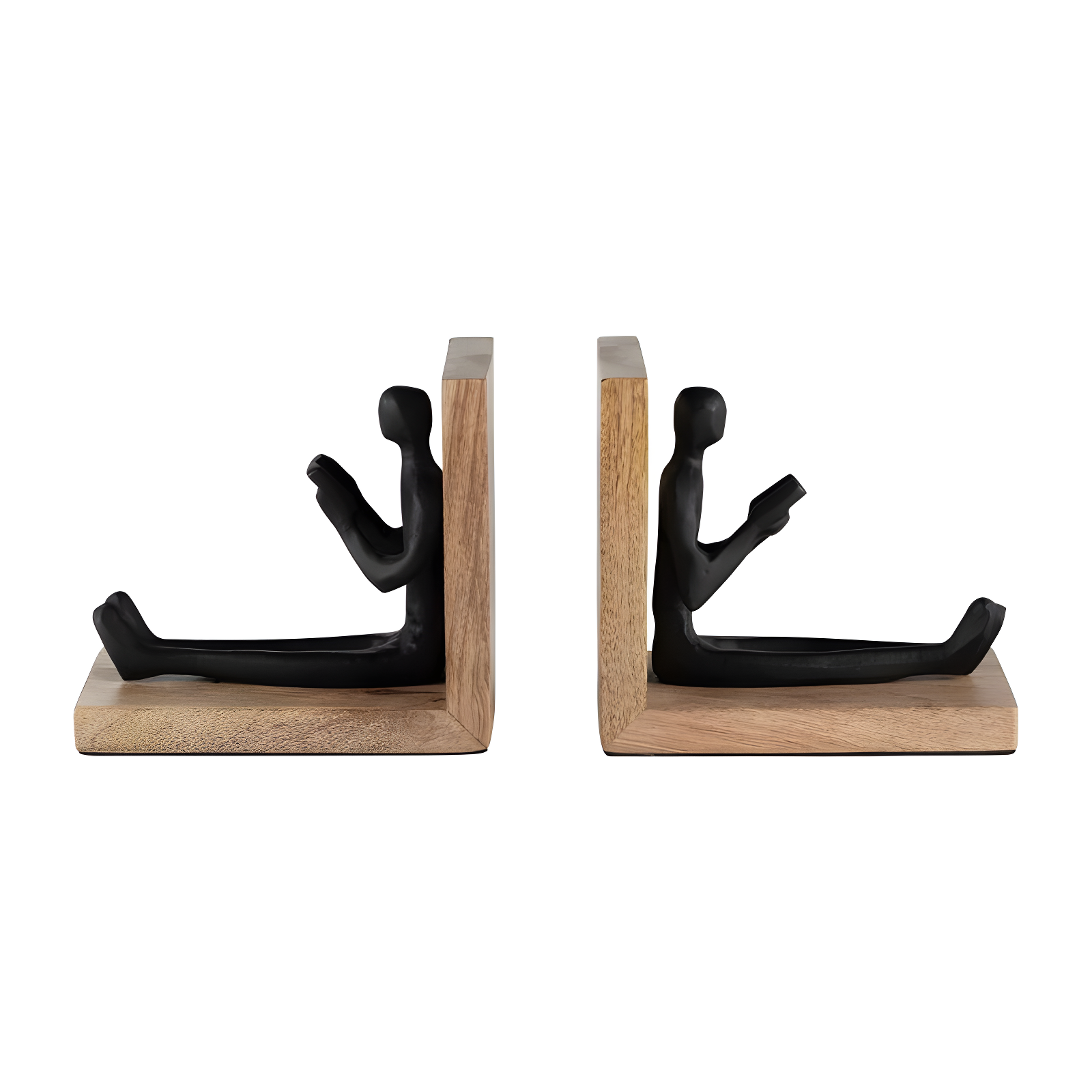 6" Black and Brown Wood and Metal Reading Man Bookends