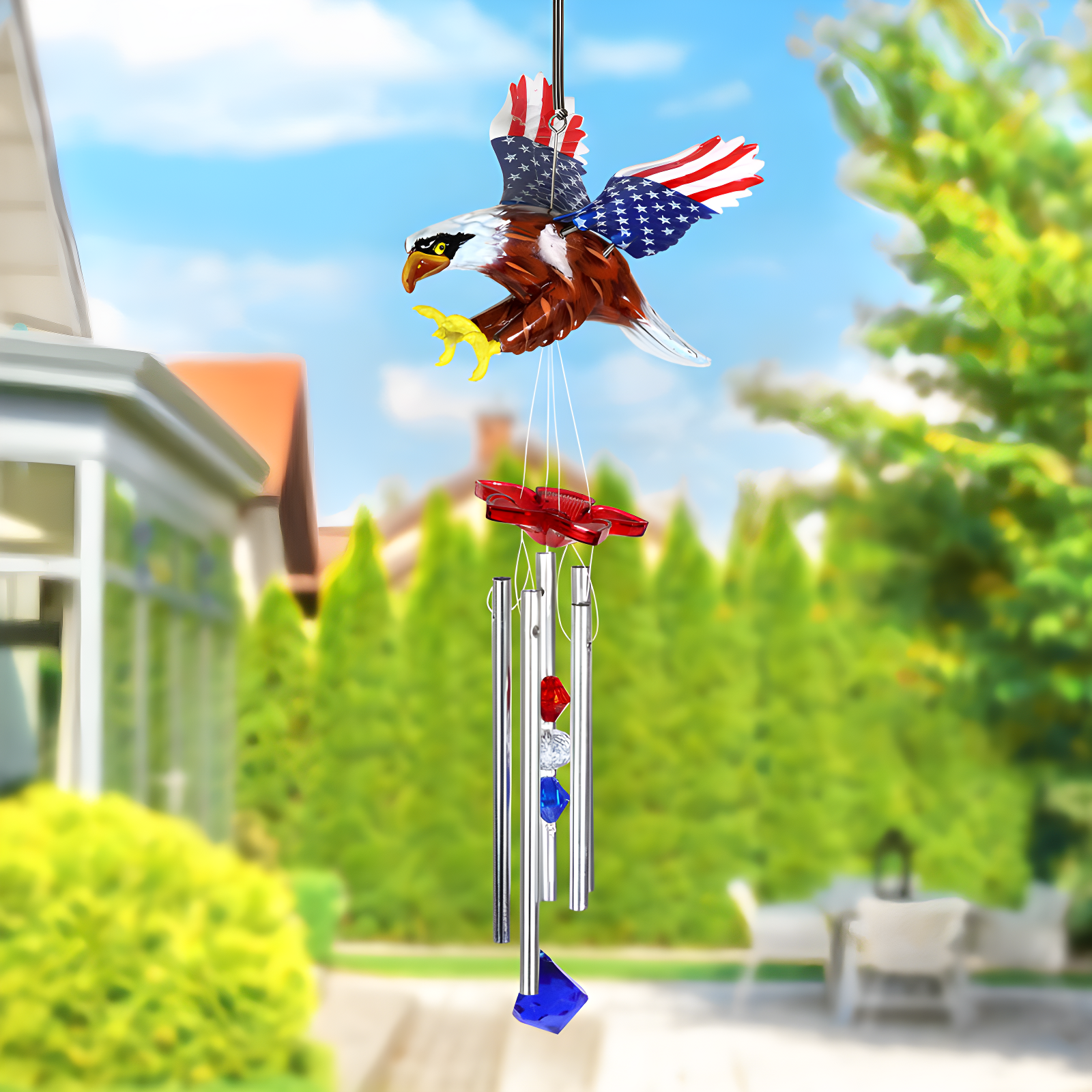 Patriotic Eagle Wind Chime with American Flag Wings, 18 Inch