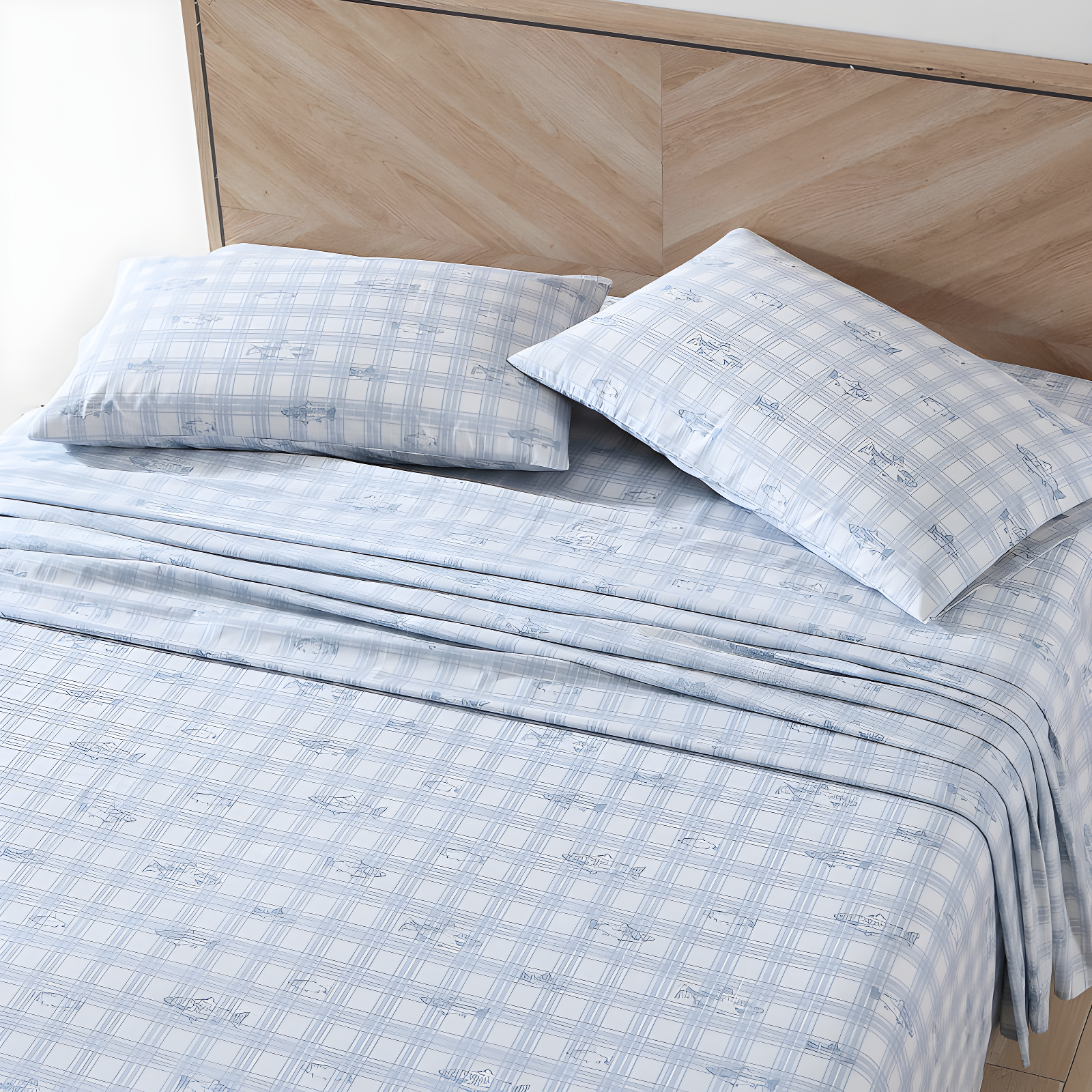 Twin Blue Plaid Cotton Percale Sheet Set