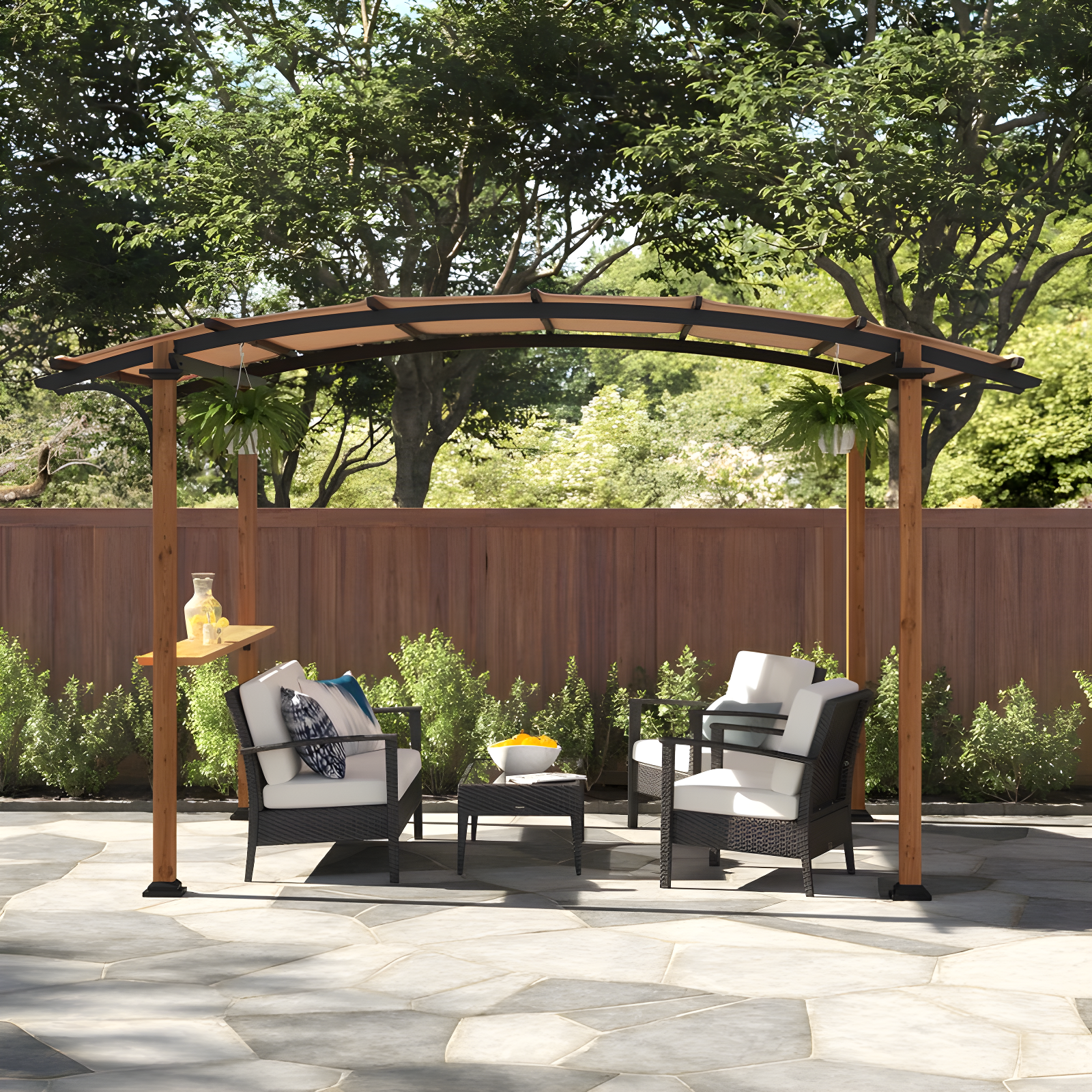 Sunjoy Steel Arched Pergola with Tan Canopy and Wood Finish