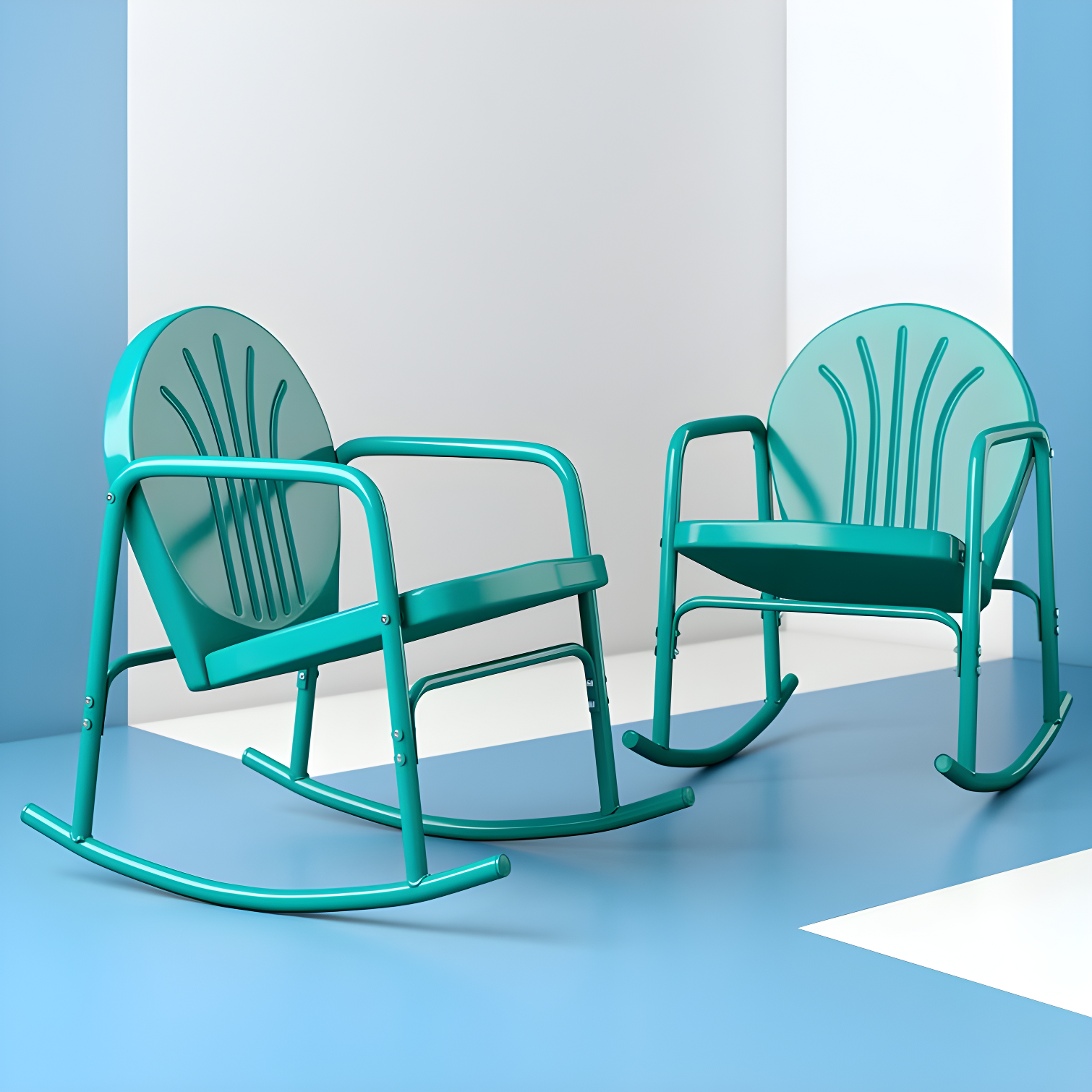 Turquoise Gloss Powder-Coated Steel Outdoor Rocking Chair Set