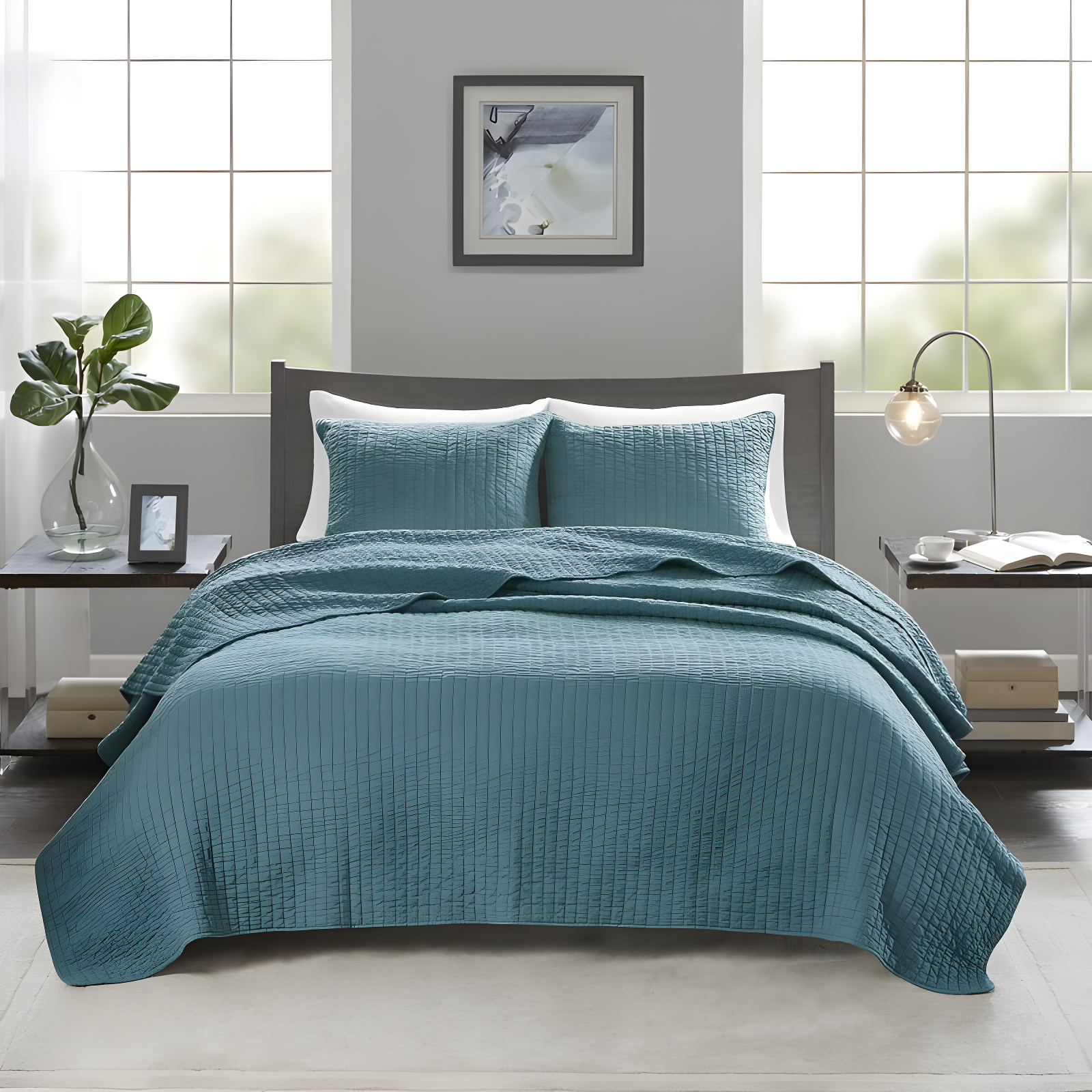 King Blue Reversible Microfiber Coverlet Set